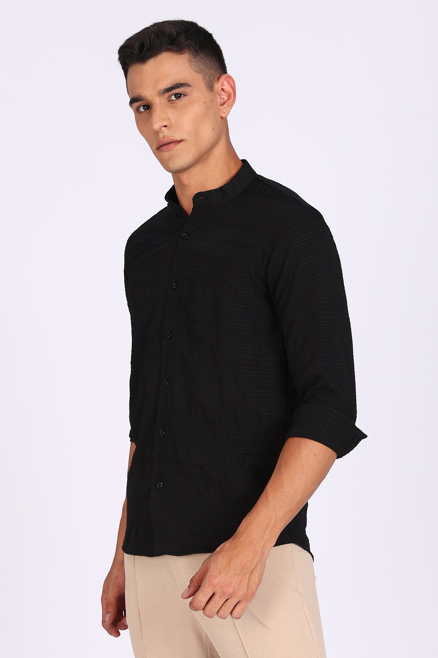 Regular Fit Men’s Black Textured Mandarin Collar Casual Shirt
