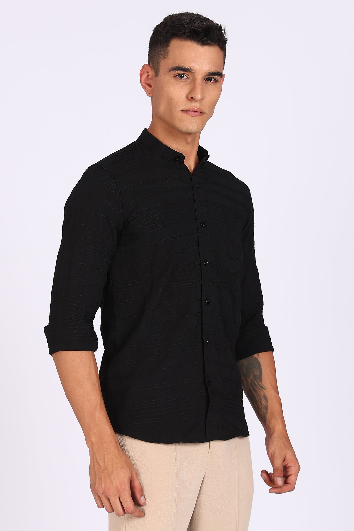 Regular Fit Men’s Black Textured Mandarin Collar Casual Shirt