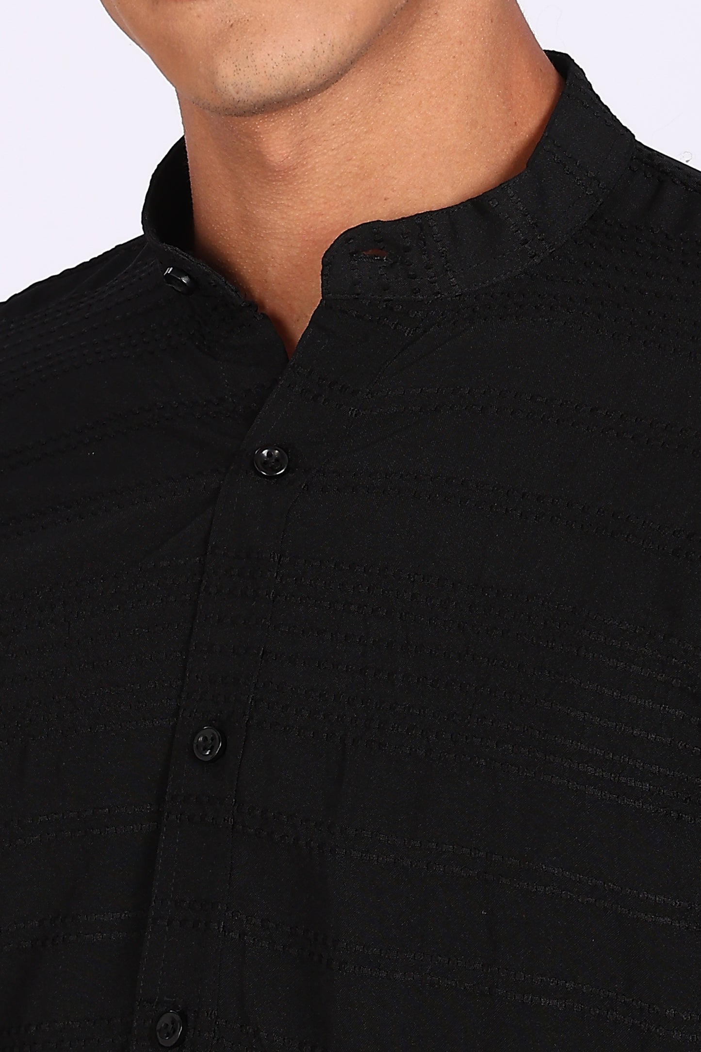 Regular Fit Men’s Black Textured Mandarin Collar Casual Shirt