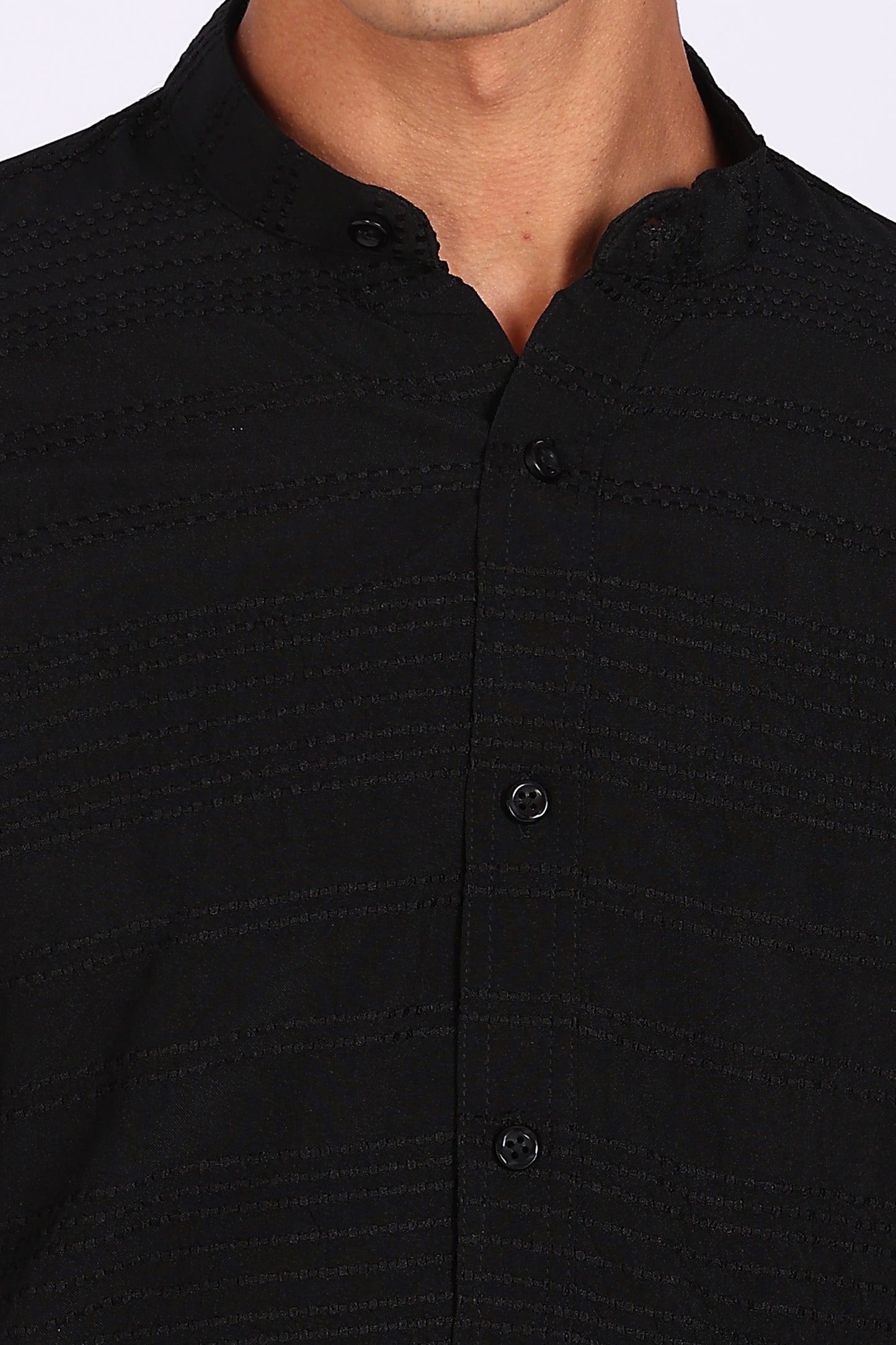 Regular Fit Men’s Black Textured Mandarin Collar Casual Shirt