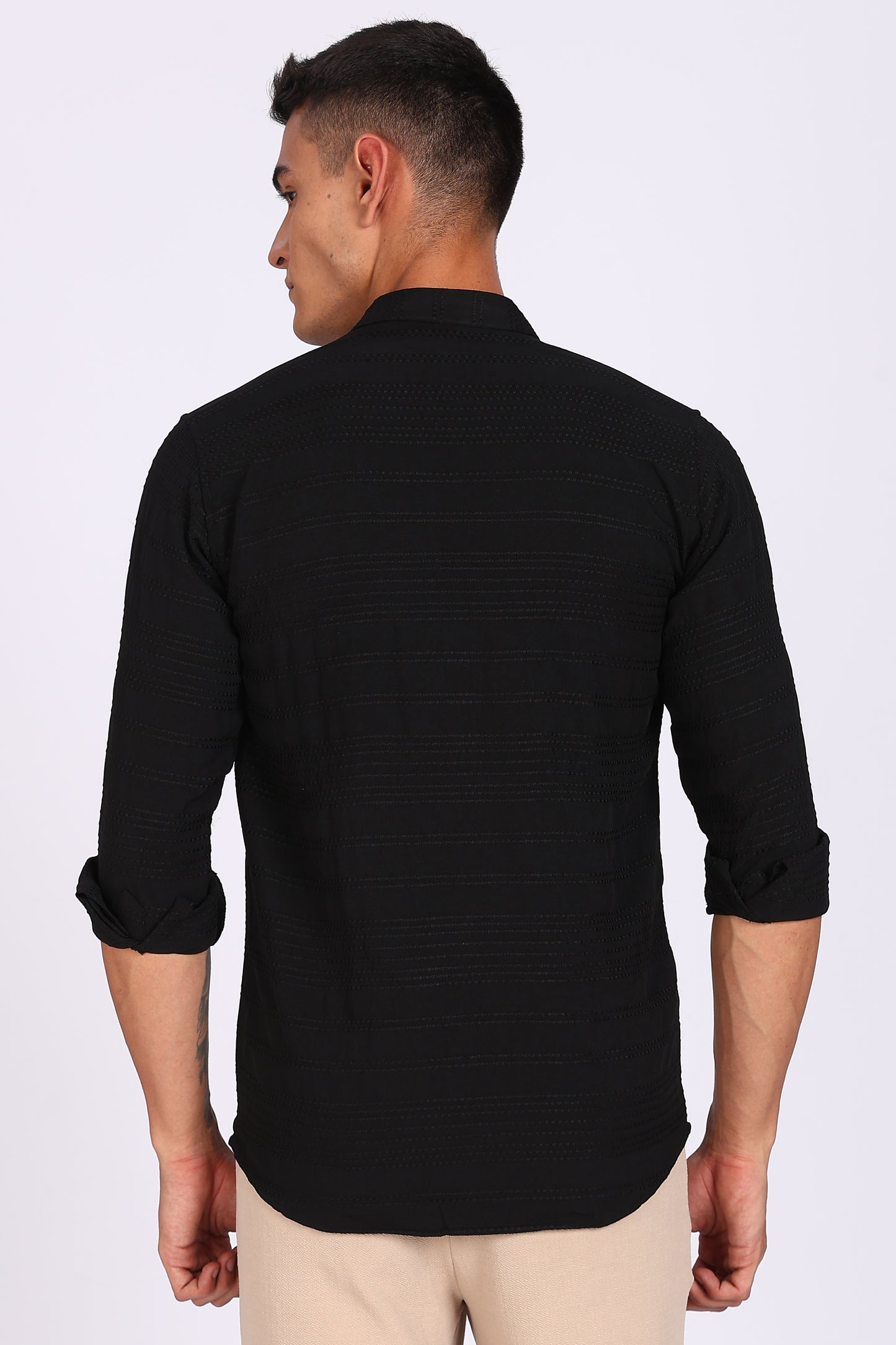 Regular Fit Men’s Black Textured Mandarin Collar Casual Shirt