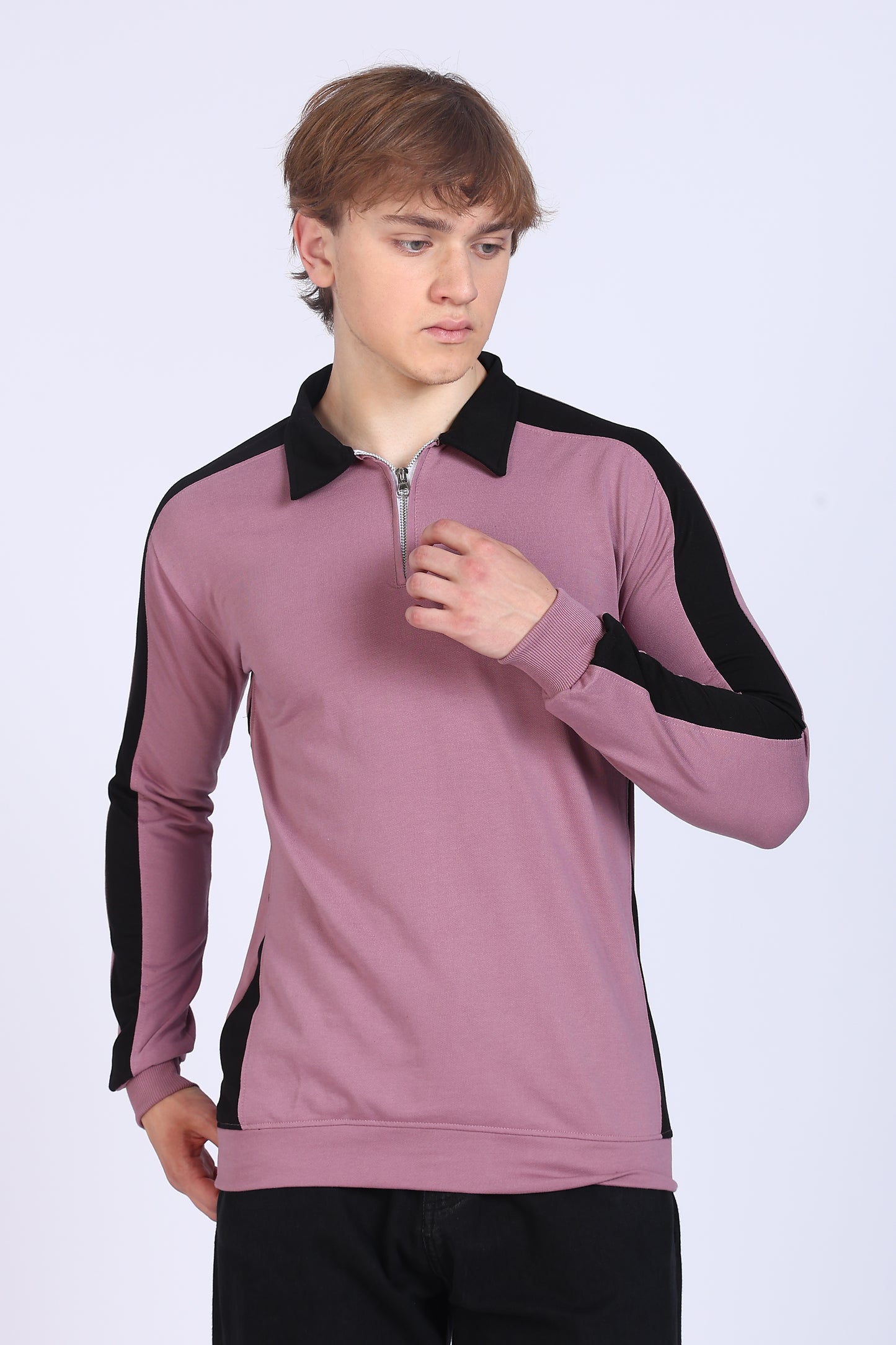 Regular Fit Men’s Mauve & Black Polo T-Shirt with Zip Neck