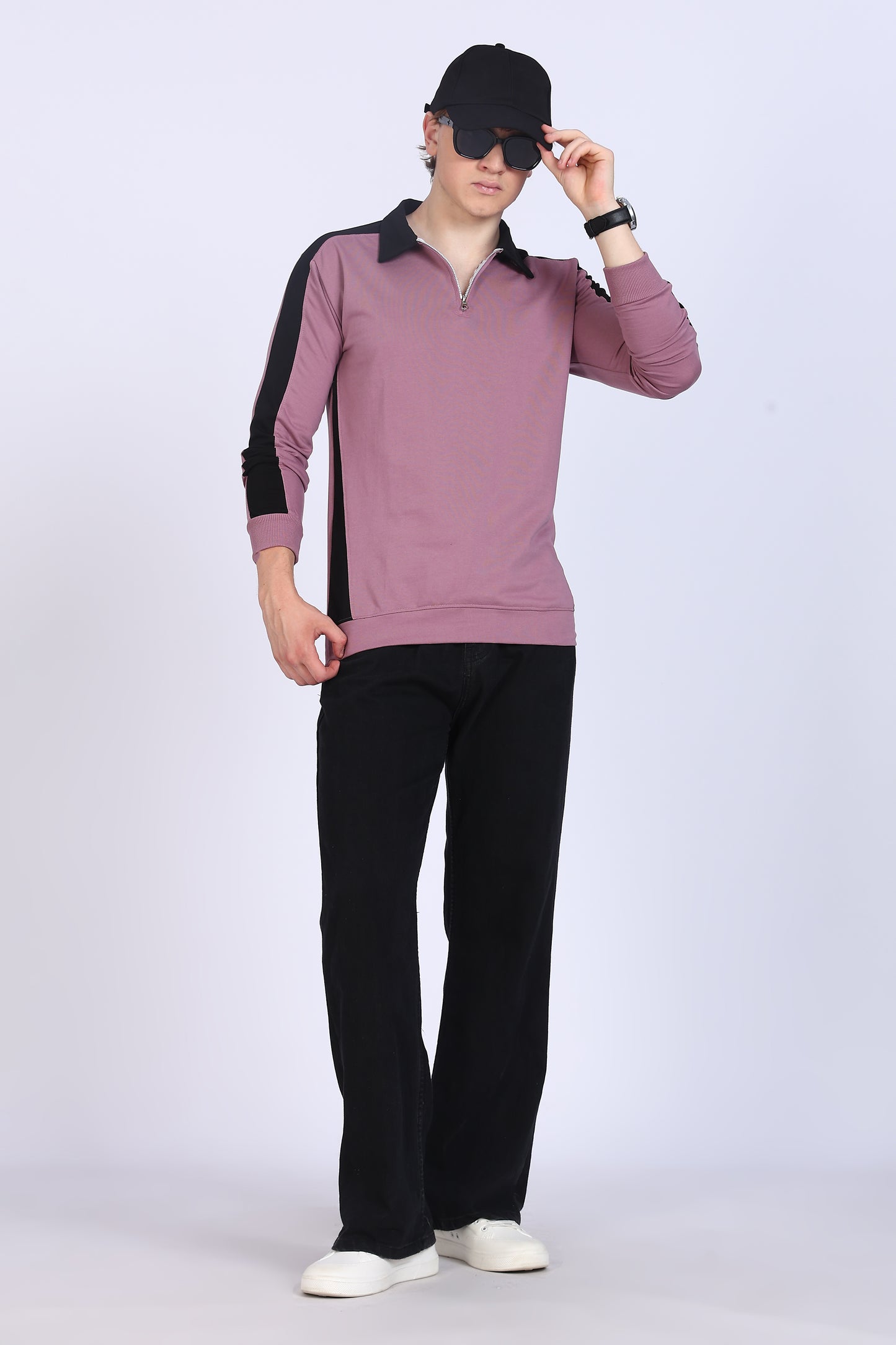 Regular Fit Men’s Mauve & Black Polo T-Shirt with Zip Neck
