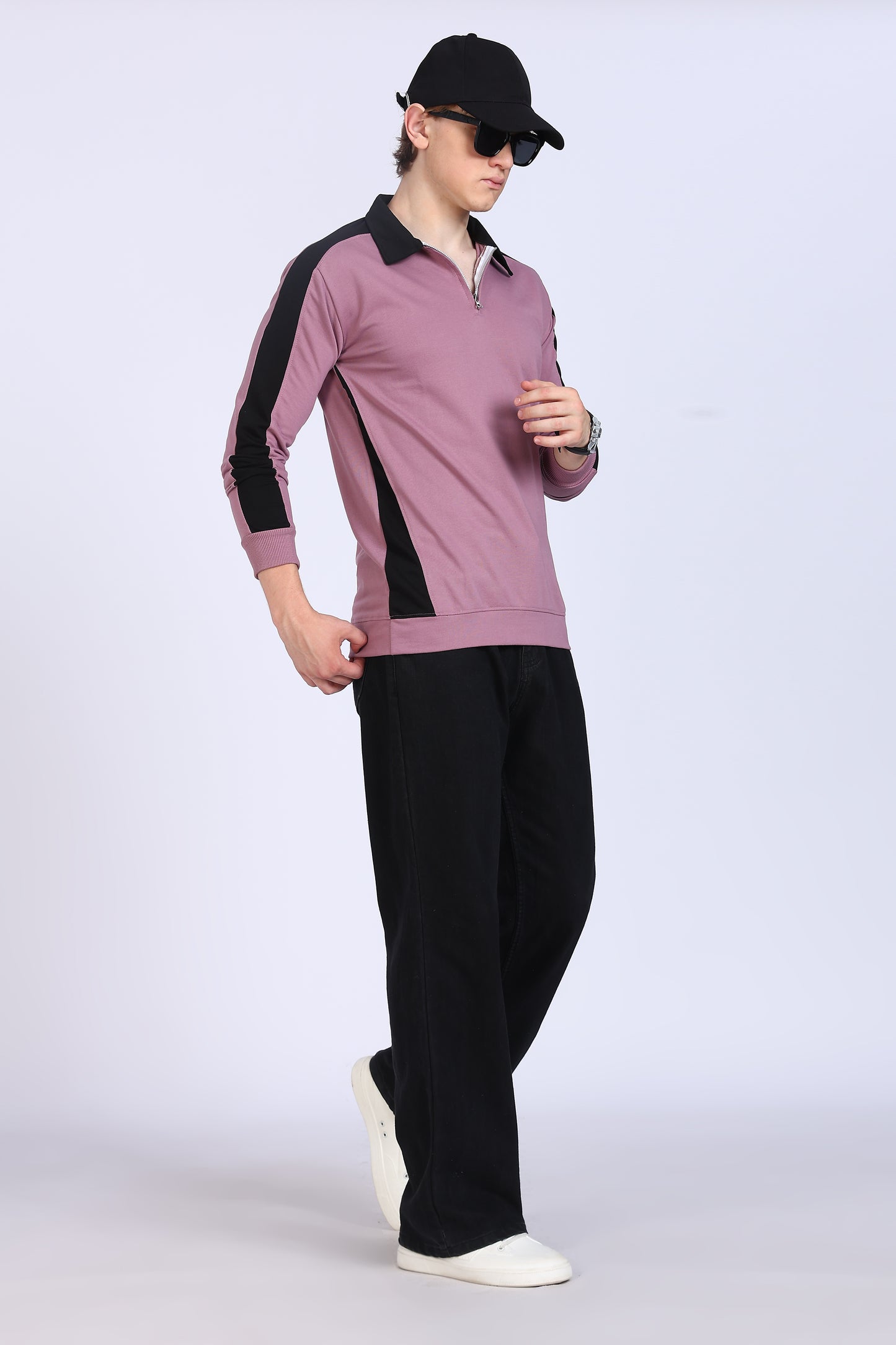 Regular Fit Men’s Mauve & Black Polo T-Shirt with Zip Neck