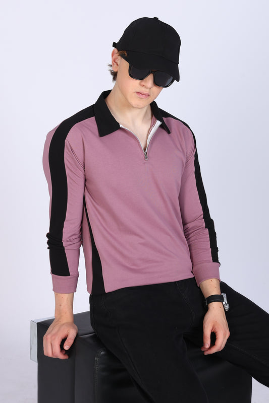 Regular Fit Men’s Mauve & Black Polo T-Shirt with Zip Neck