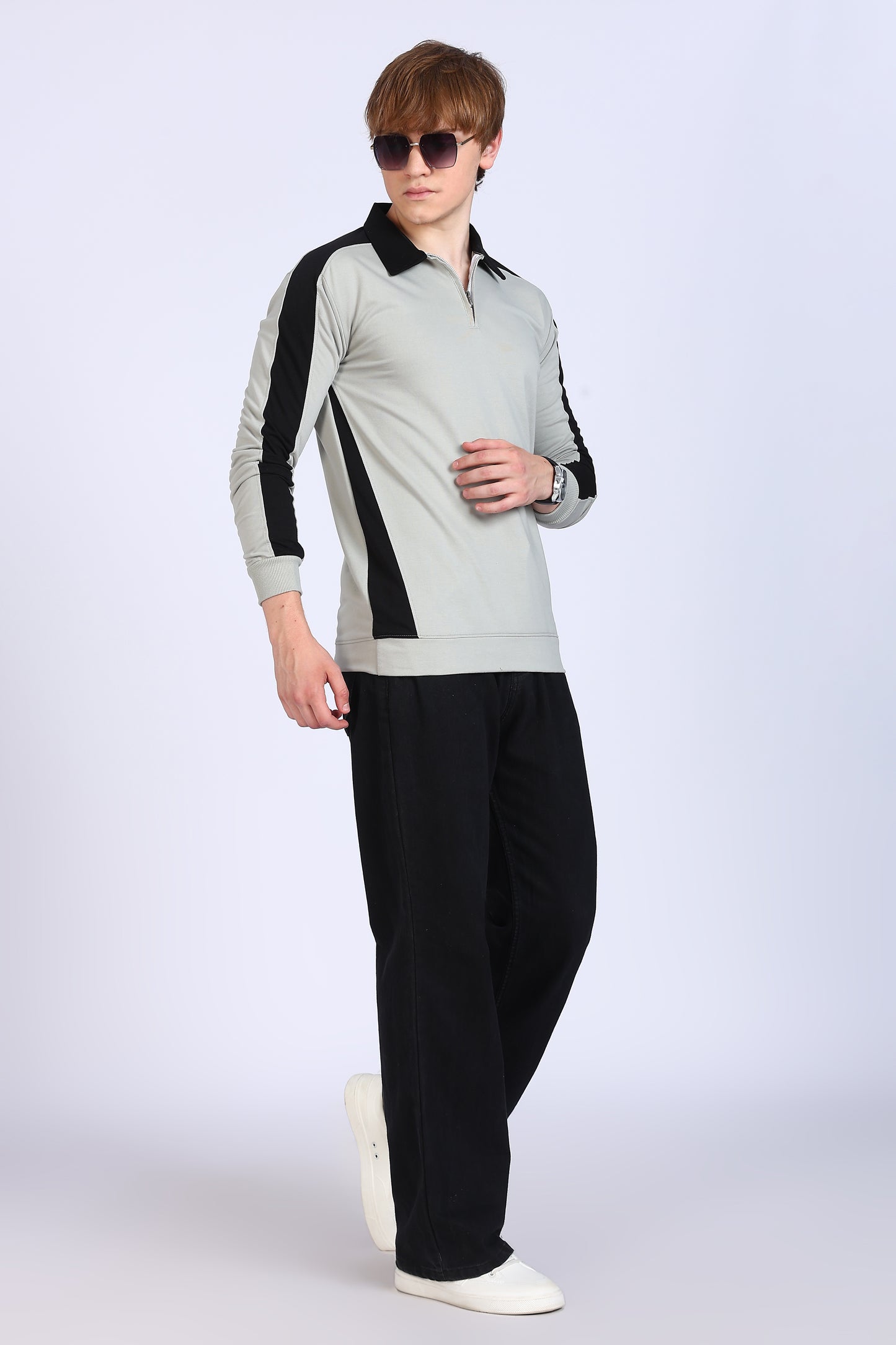 Regular Fit Men’s Grey & Black Polo T-Shirt with Zip Neck