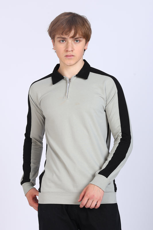 Regular Fit Men’s Grey & Black Polo T-Shirt with Zip Neck