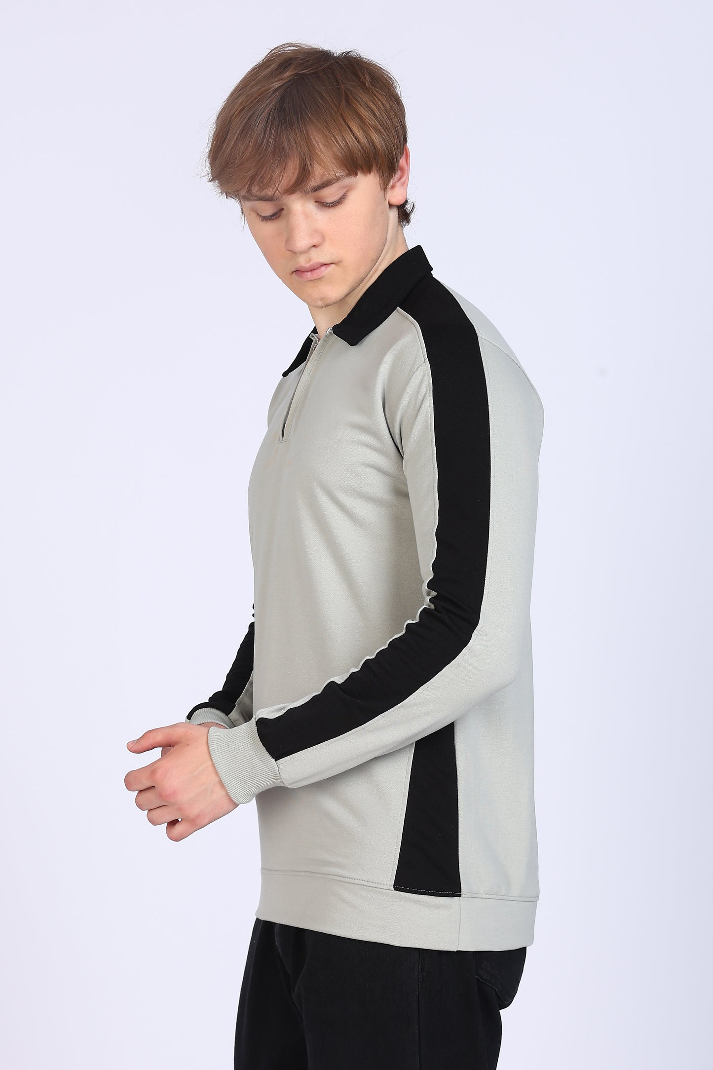 Regular Fit Men’s Grey & Black Polo T-Shirt with Zip Neck