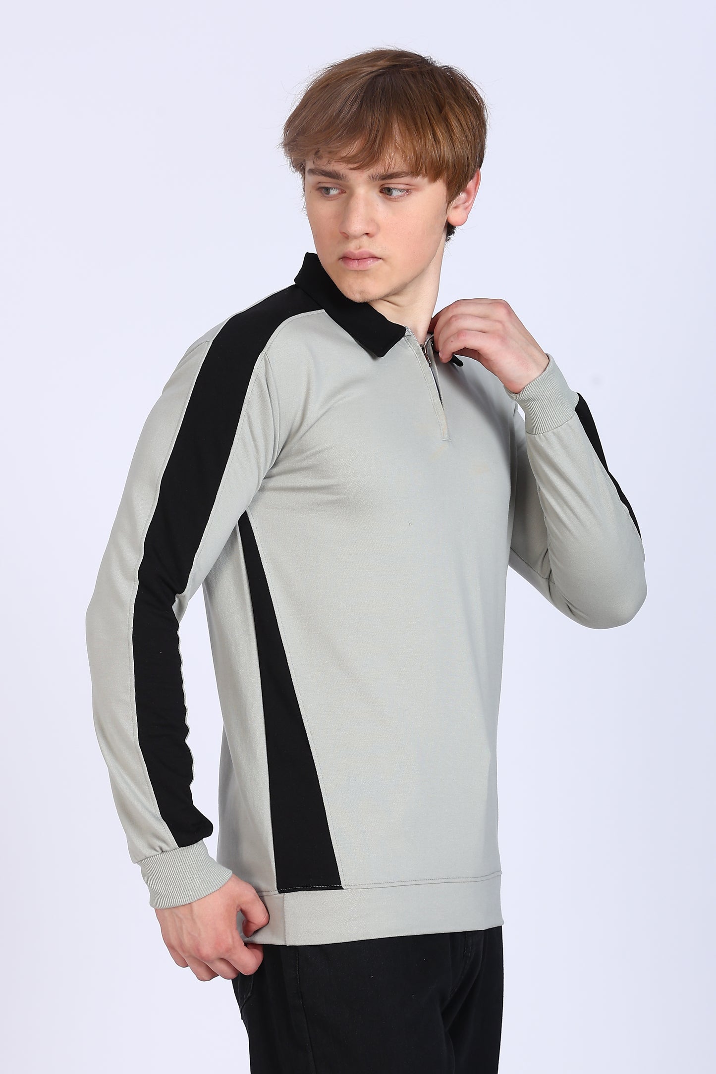 Regular Fit Men’s Grey & Black Polo T-Shirt with Zip Neck