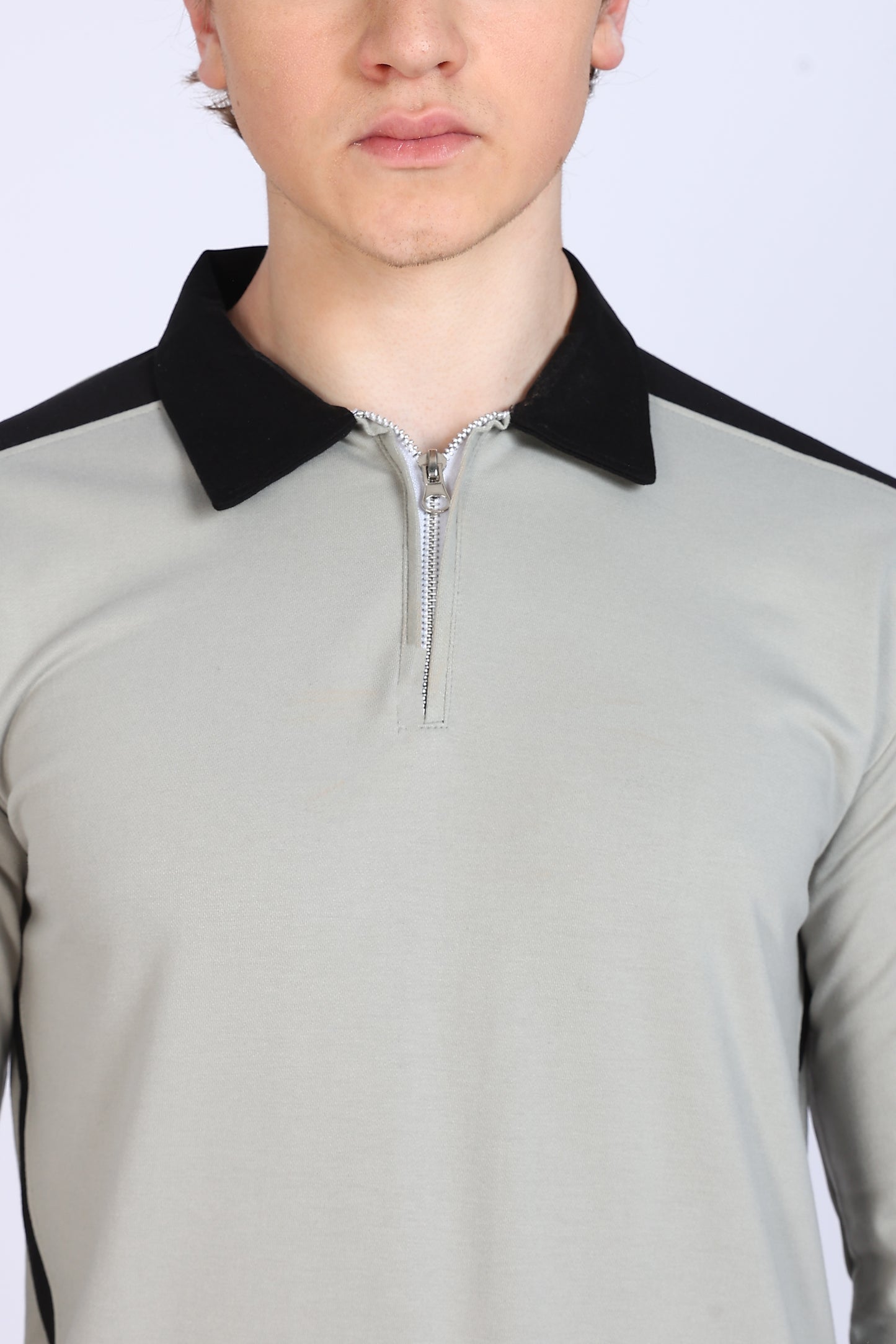 Regular Fit Men’s Grey & Black Polo T-Shirt with Zip Neck