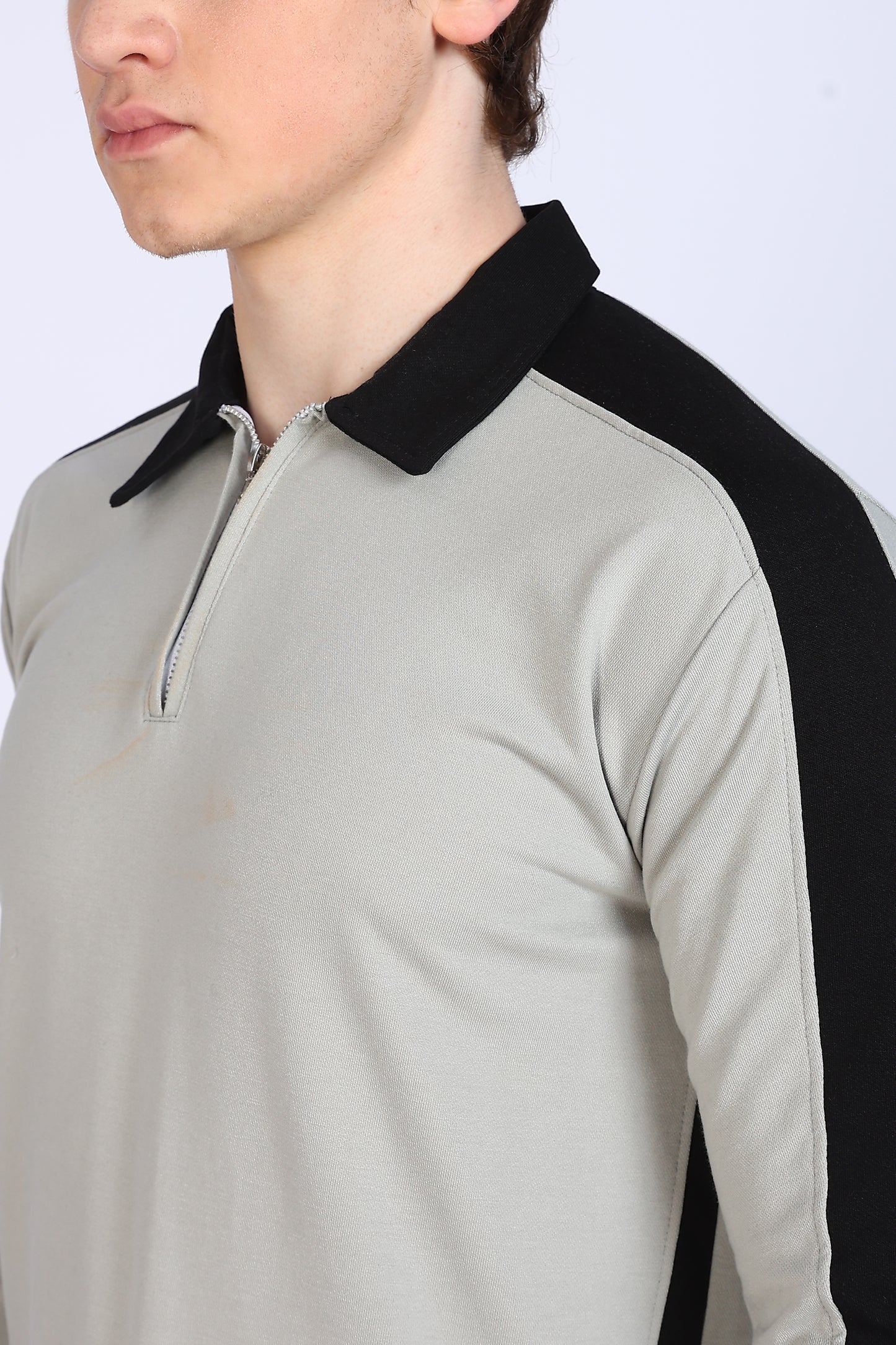 Regular Fit Men’s Grey & Black Polo T-Shirt with Zip Neck