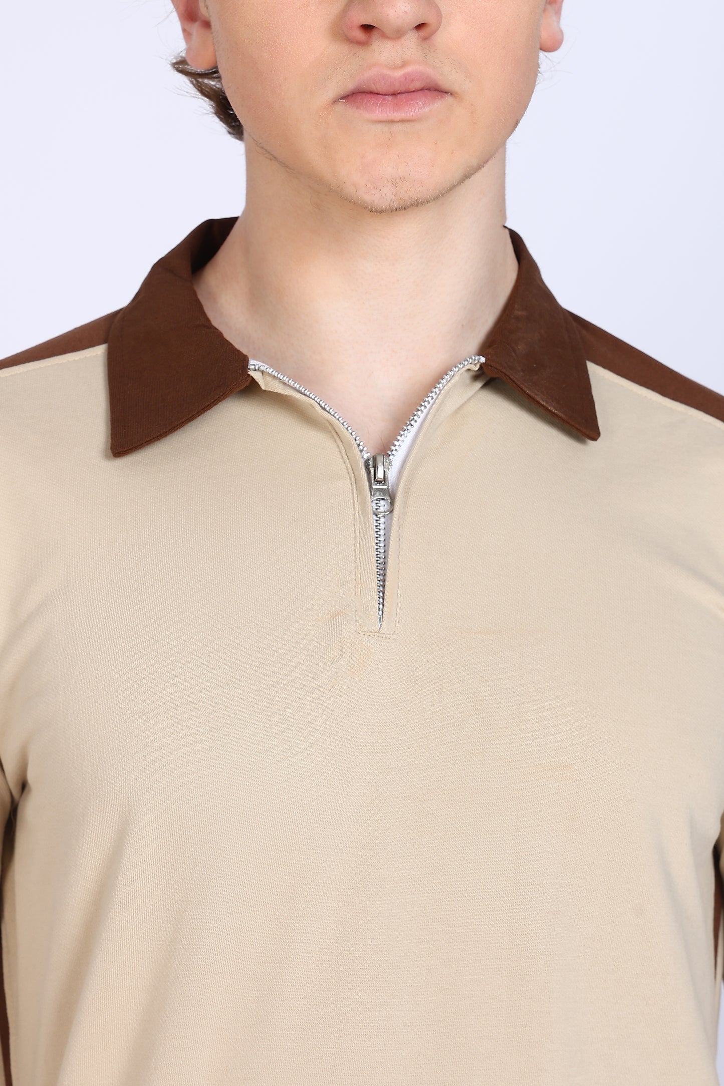 Regular Fit Men’s Brown & Beige Polo T-Shirt with Zip Neck