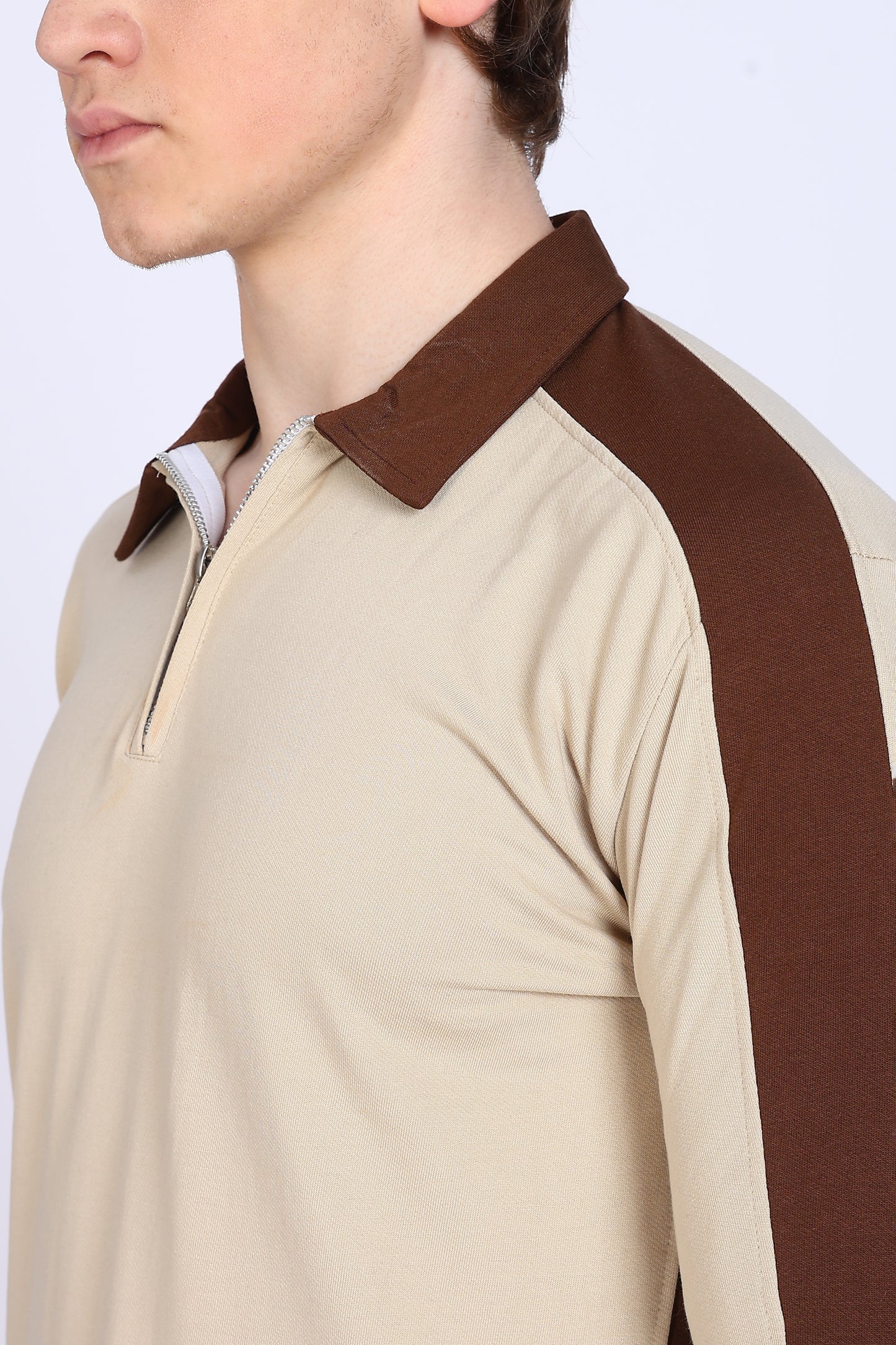 Regular Fit Men’s Brown & Beige Polo T-Shirt with Zip Neck