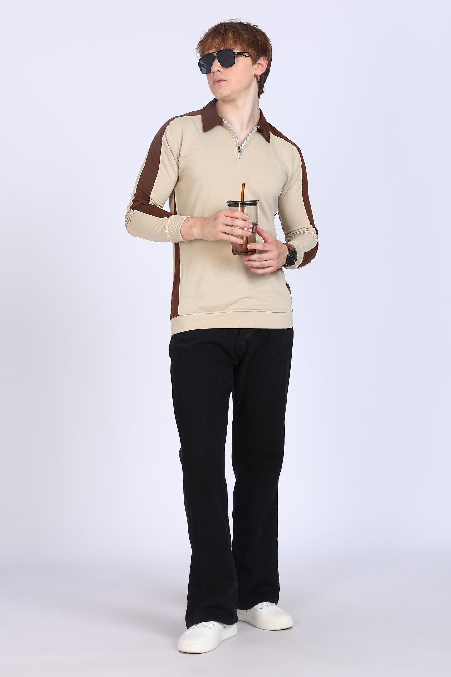 Regular Fit Men’s Brown & Beige Polo T-Shirt with Zip Neck