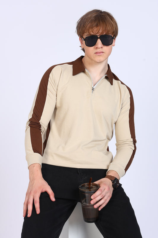 Regular Fit Men’s Brown & Beige Polo T-Shirt with Zip Neck