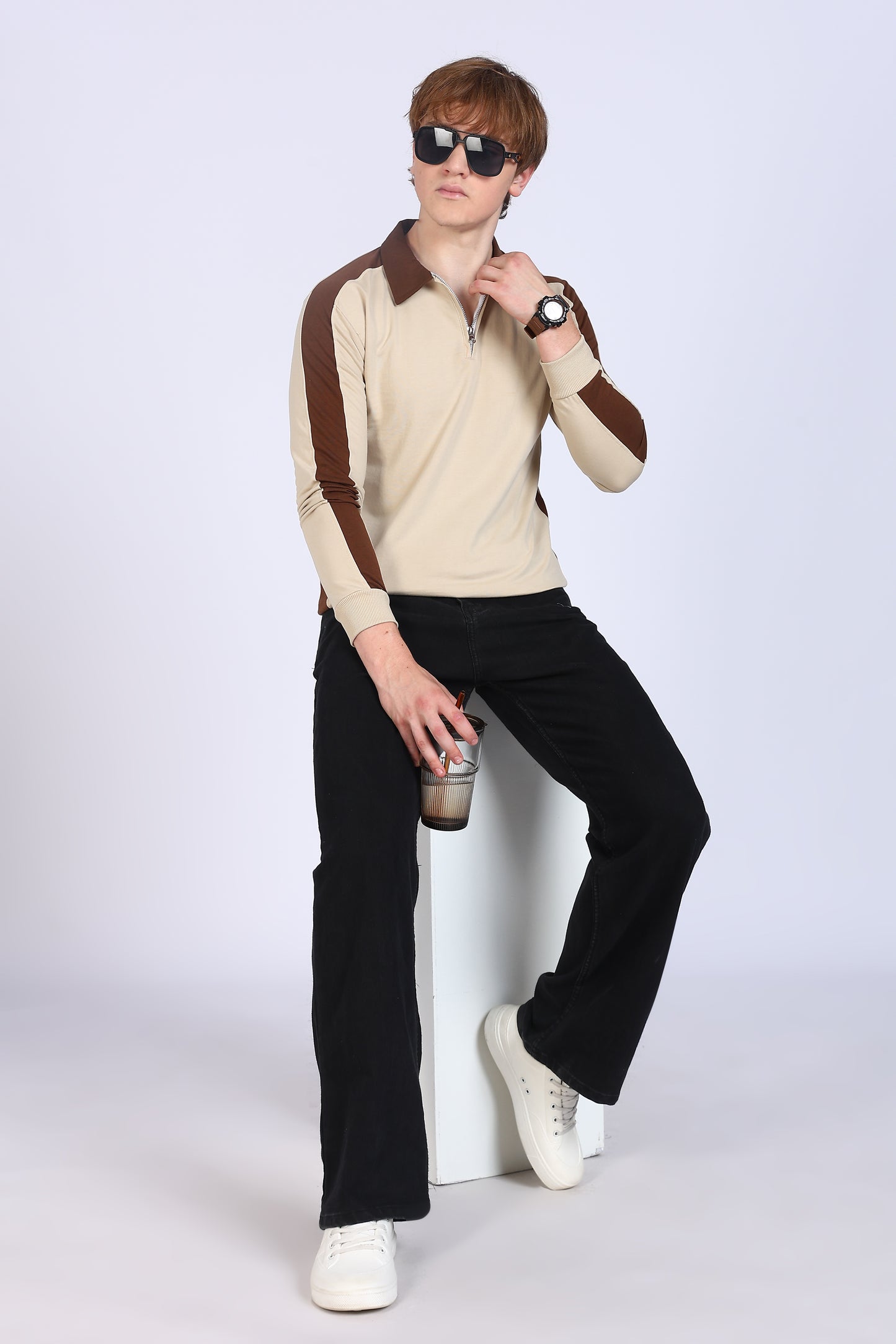 Regular Fit Men’s Brown & Beige Polo T-Shirt with Zip Neck
