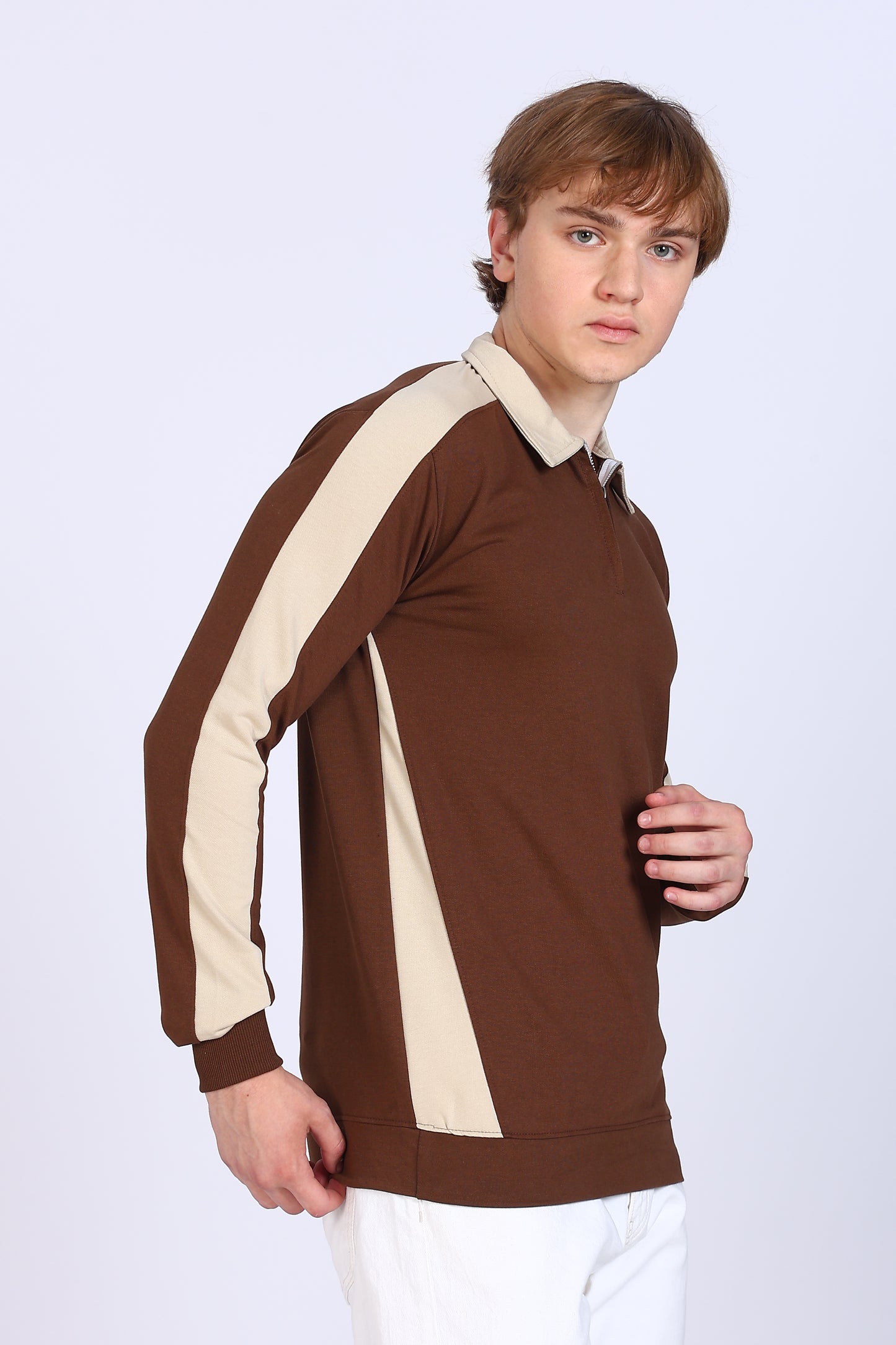 Regular Fit Men’s Brown & Beige Polo T-Shirt with Zip Neck