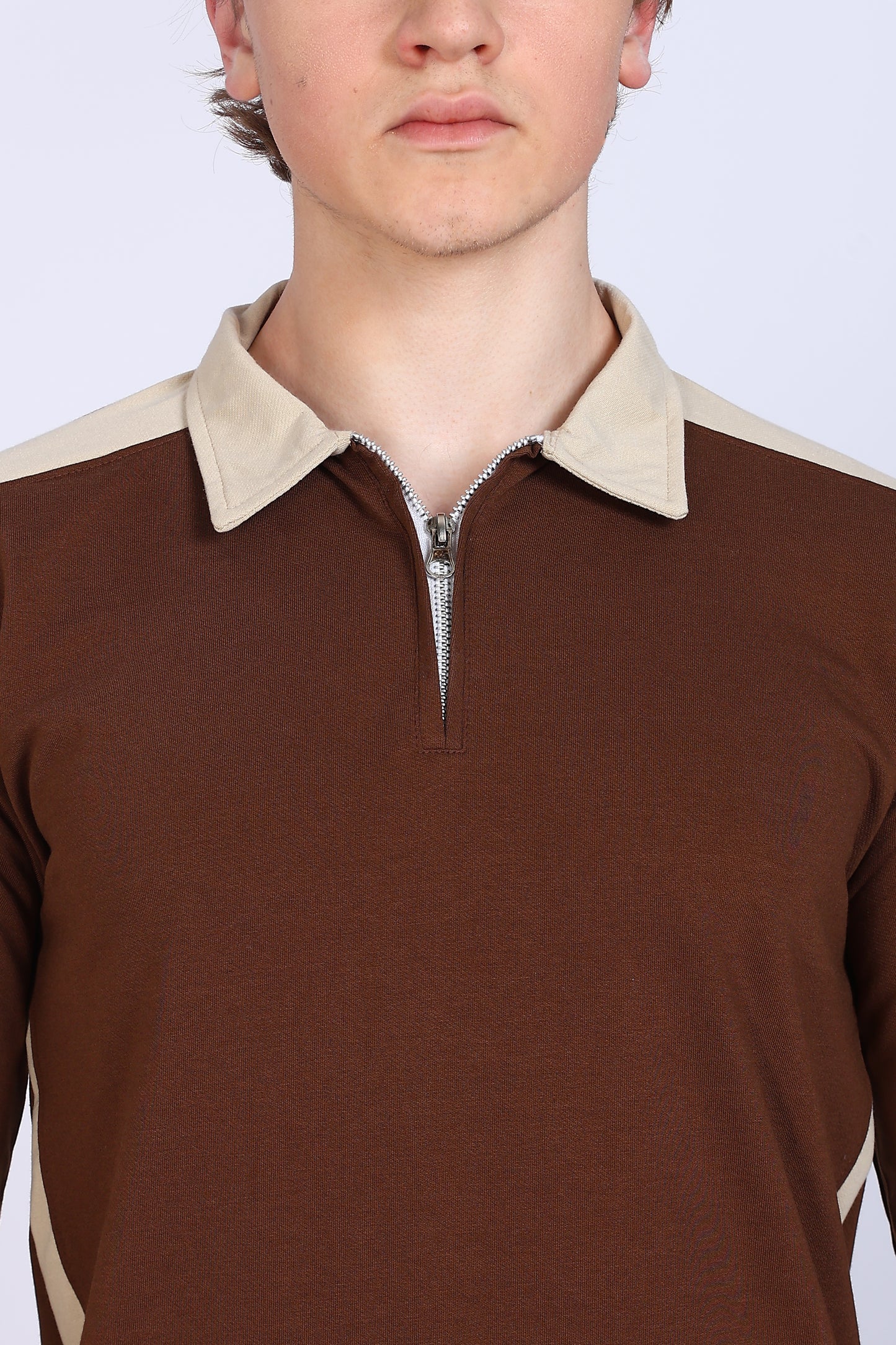 Regular Fit Men’s Brown & Beige Polo T-Shirt with Zip Neck