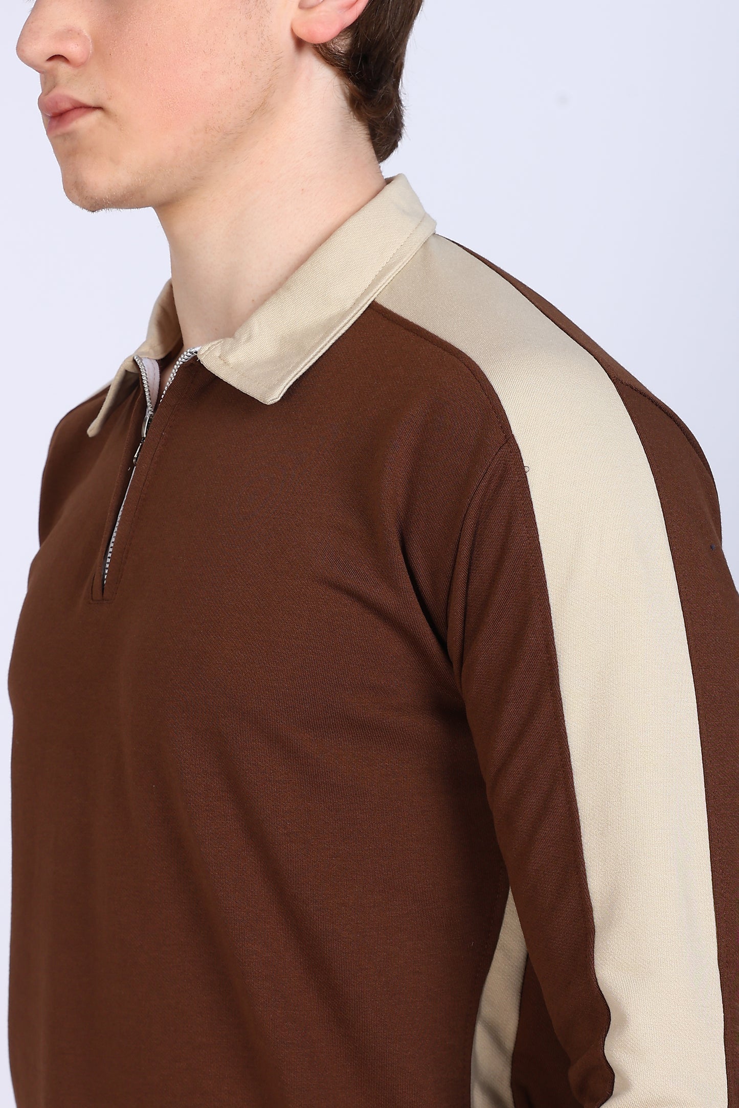 Regular Fit Men’s Brown & Beige Polo T-Shirt with Zip Neck