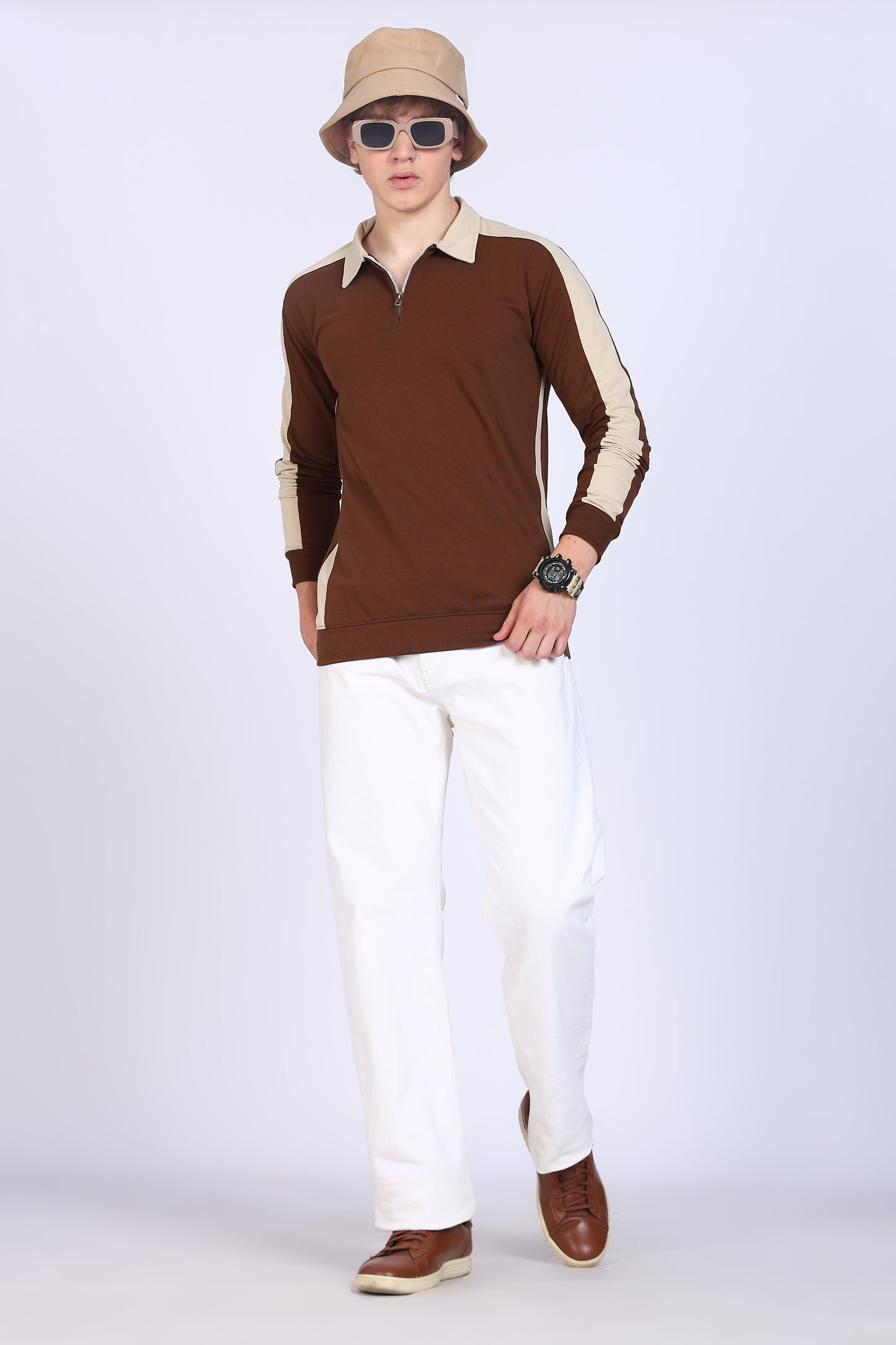 Regular Fit Men’s Brown & Beige Polo T-Shirt with Zip Neck