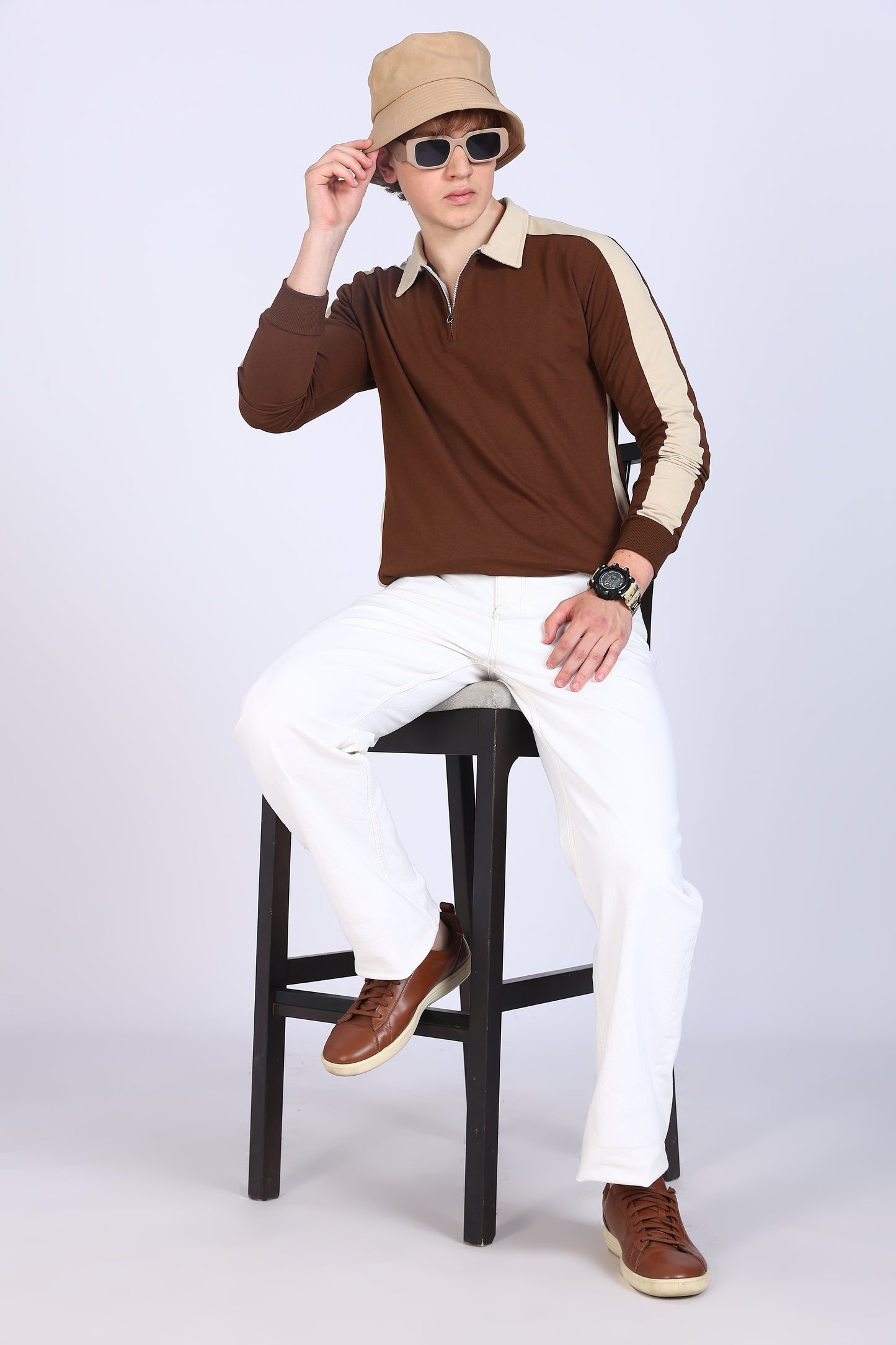 Regular Fit Men’s Brown & Beige Polo T-Shirt with Zip Neck