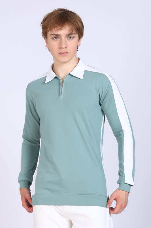 Regular Fit Men’s Green & White Full Sleeve Polo T-Shirt with Zip Neck