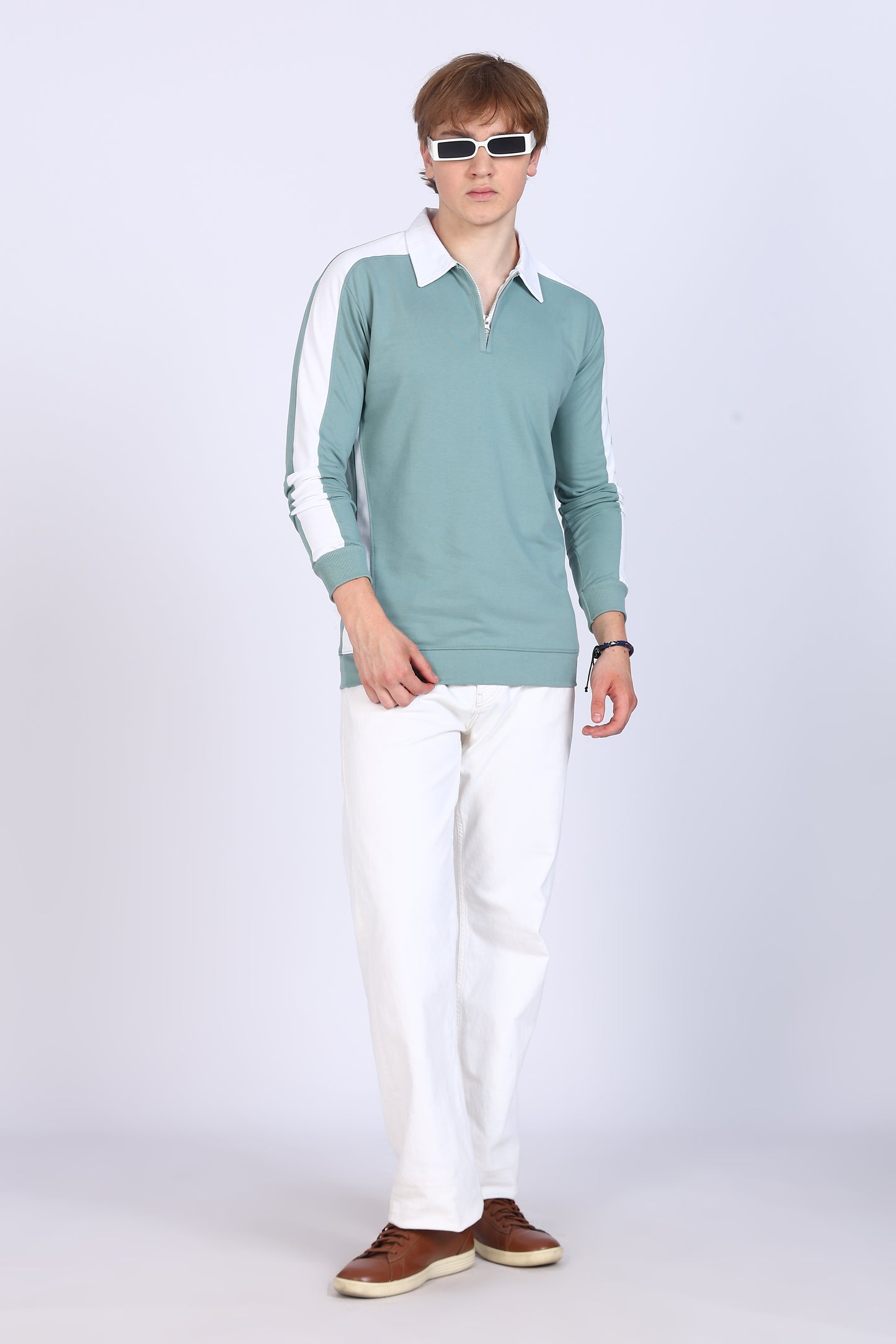Regular Fit Men’s Green & White Full Sleeve Polo T-Shirt with Zip Neck