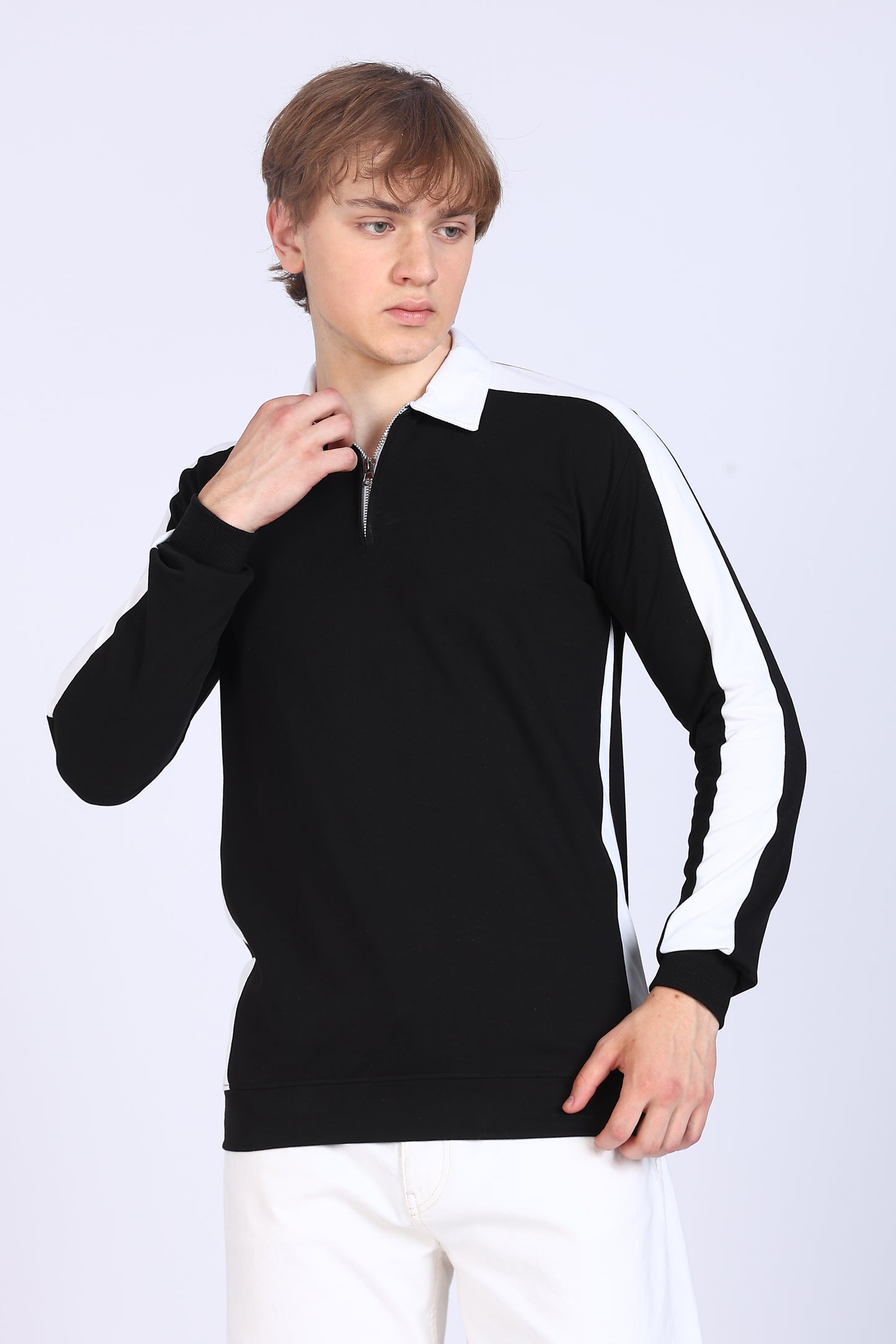 Regular Fit Men’s Black & White Full Sleeve Polo T-Shirt with Zip Neck