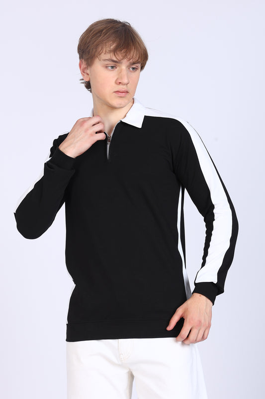 Regular Fit Men’s Black & White Full Sleeve Polo T-Shirt with Zip Neck