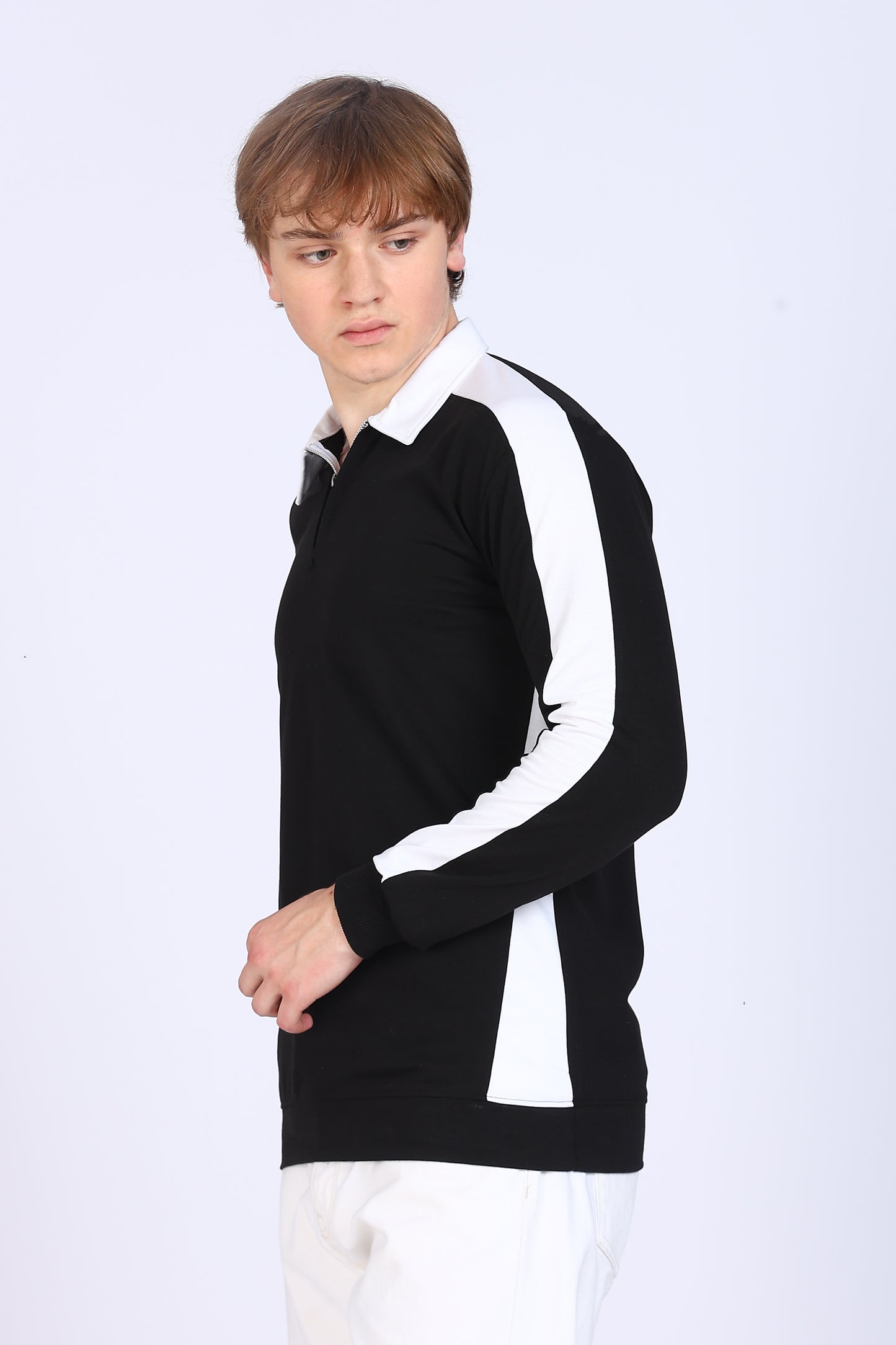 Regular Fit Men’s Black & White Full Sleeve Polo T-Shirt with Zip Neck