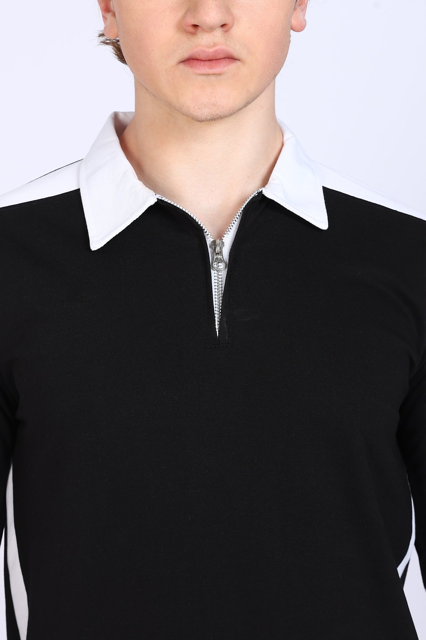 Regular Fit Men’s Black & White Full Sleeve Polo T-Shirt with Zip Neck