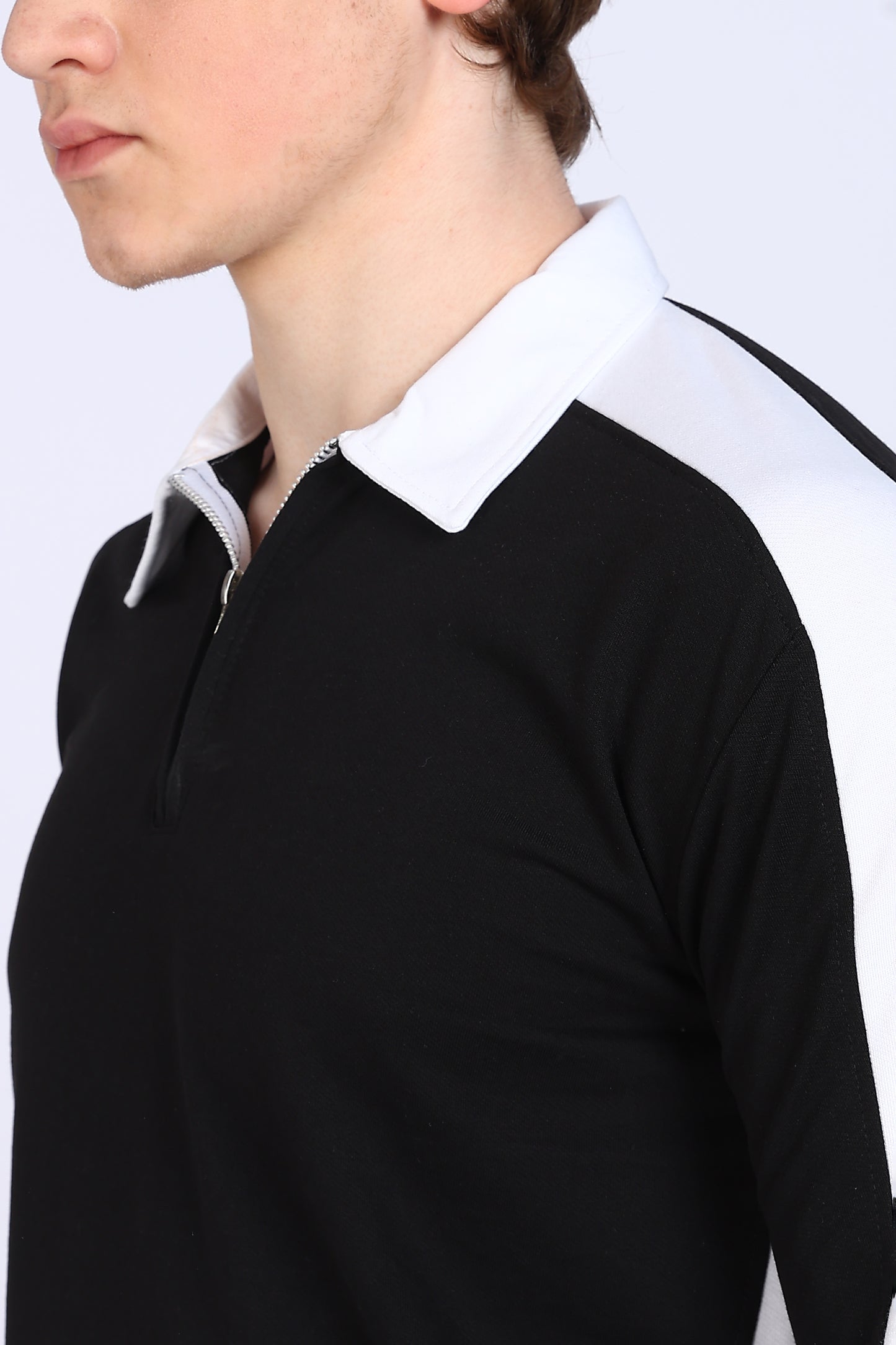 Regular Fit Men’s Black & White Full Sleeve Polo T-Shirt with Zip Neck