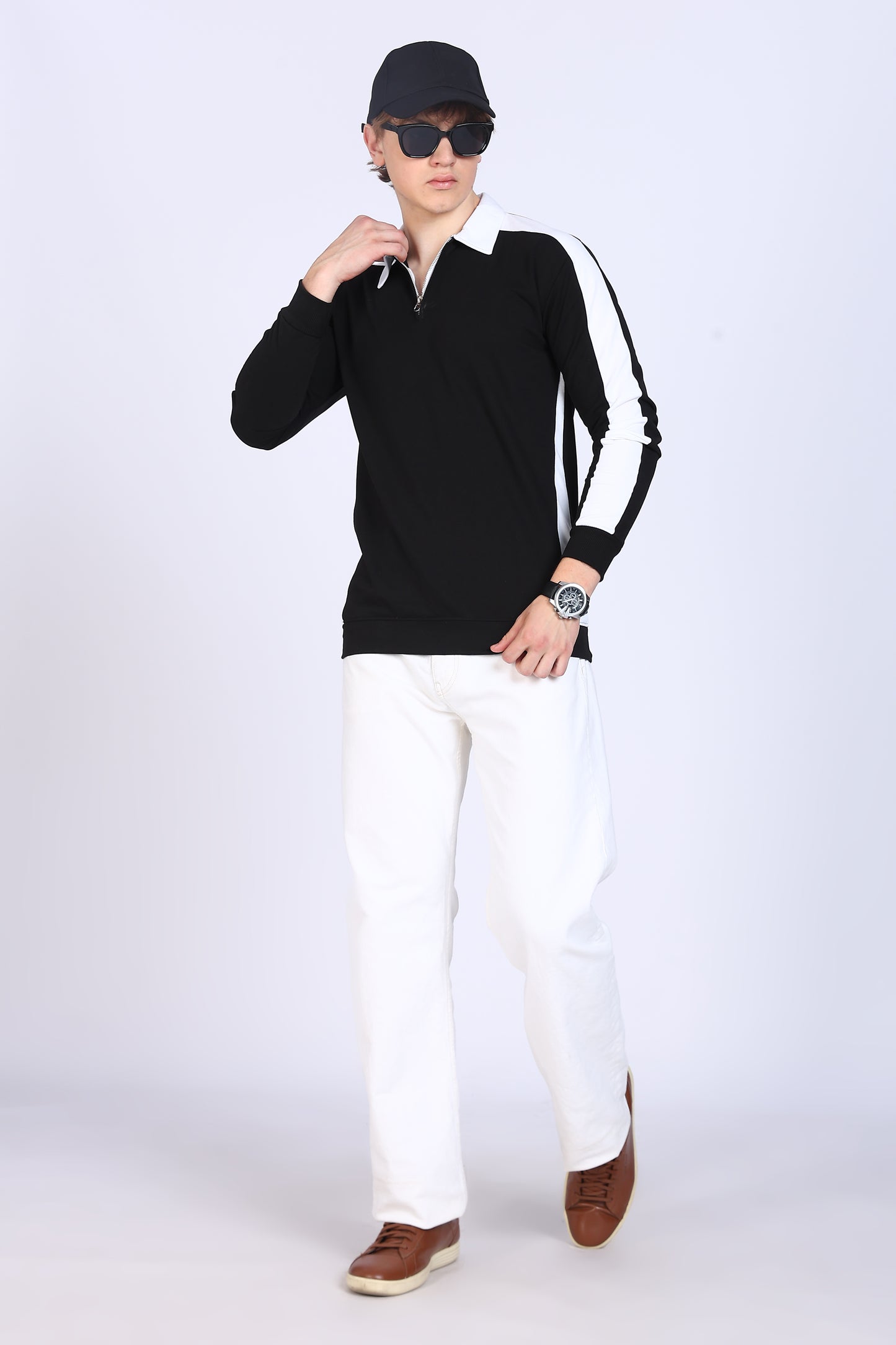Regular Fit Men’s Black & White Full Sleeve Polo T-Shirt with Zip Neck
