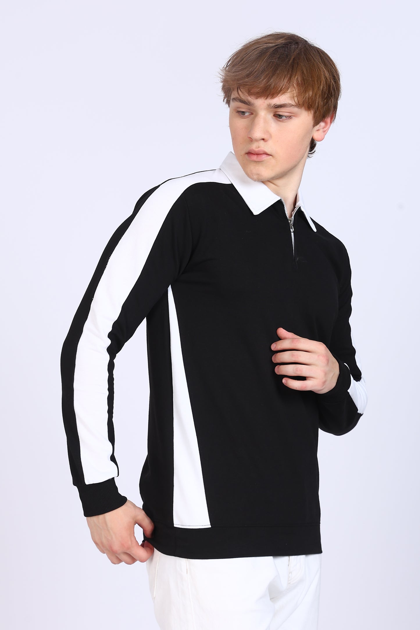 Regular Fit Men’s Black & White Full Sleeve Polo T-Shirt with Zip Neck