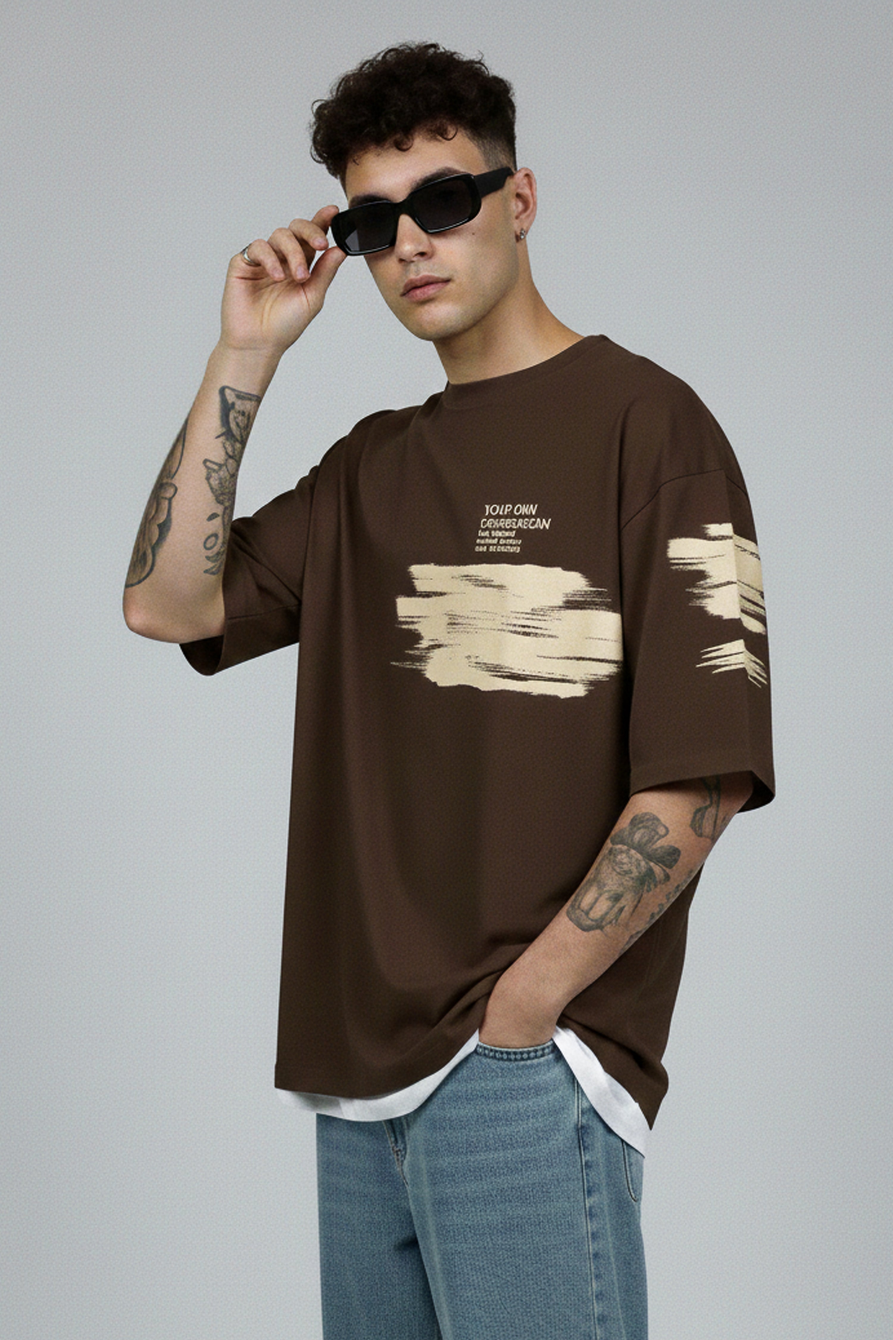 OVERSIZED BROWN GRAPHIC T-SHIRT | BRUSH STROKE PRINT TEE