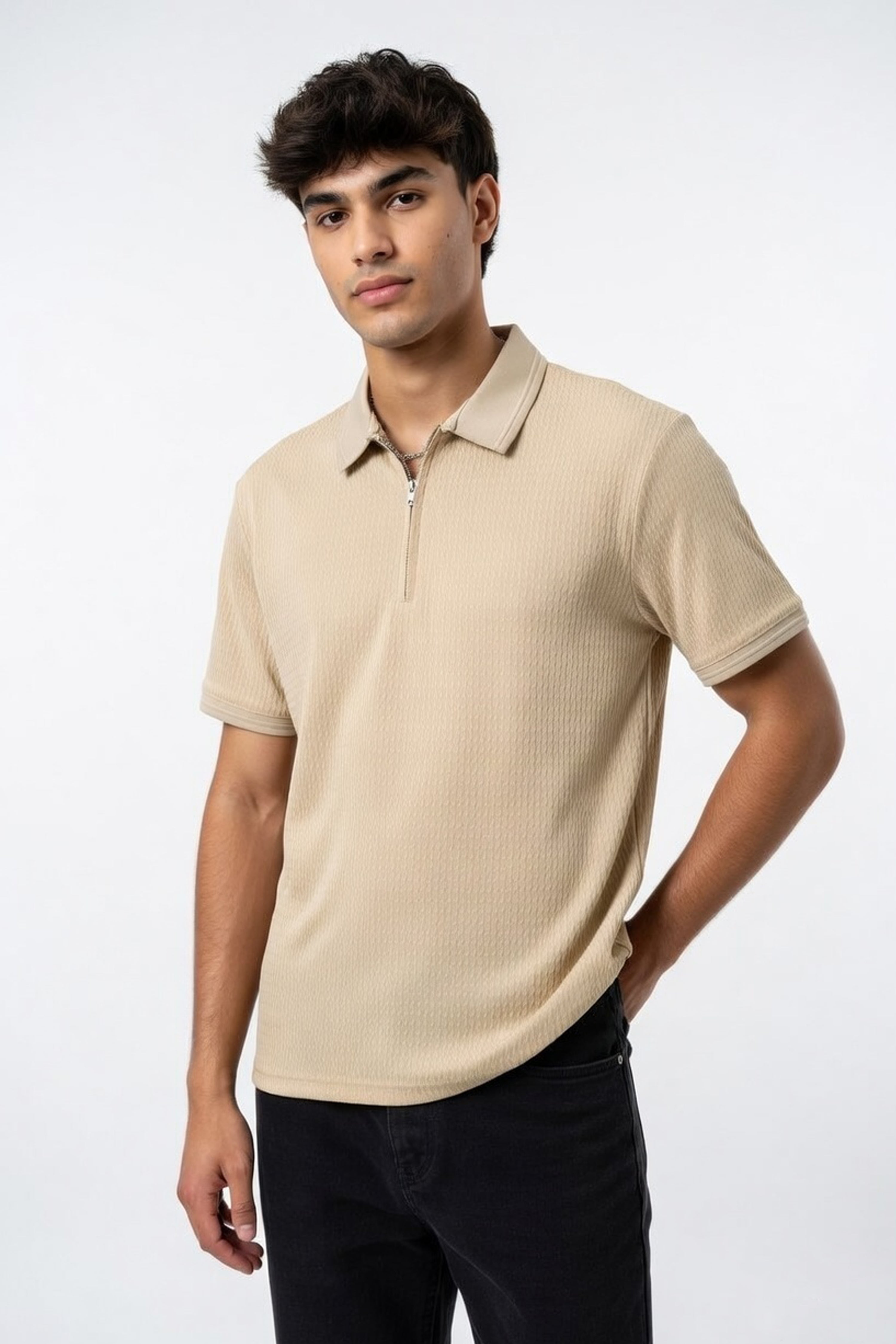 Textured Quarter-Zip Polo in Sand Beige