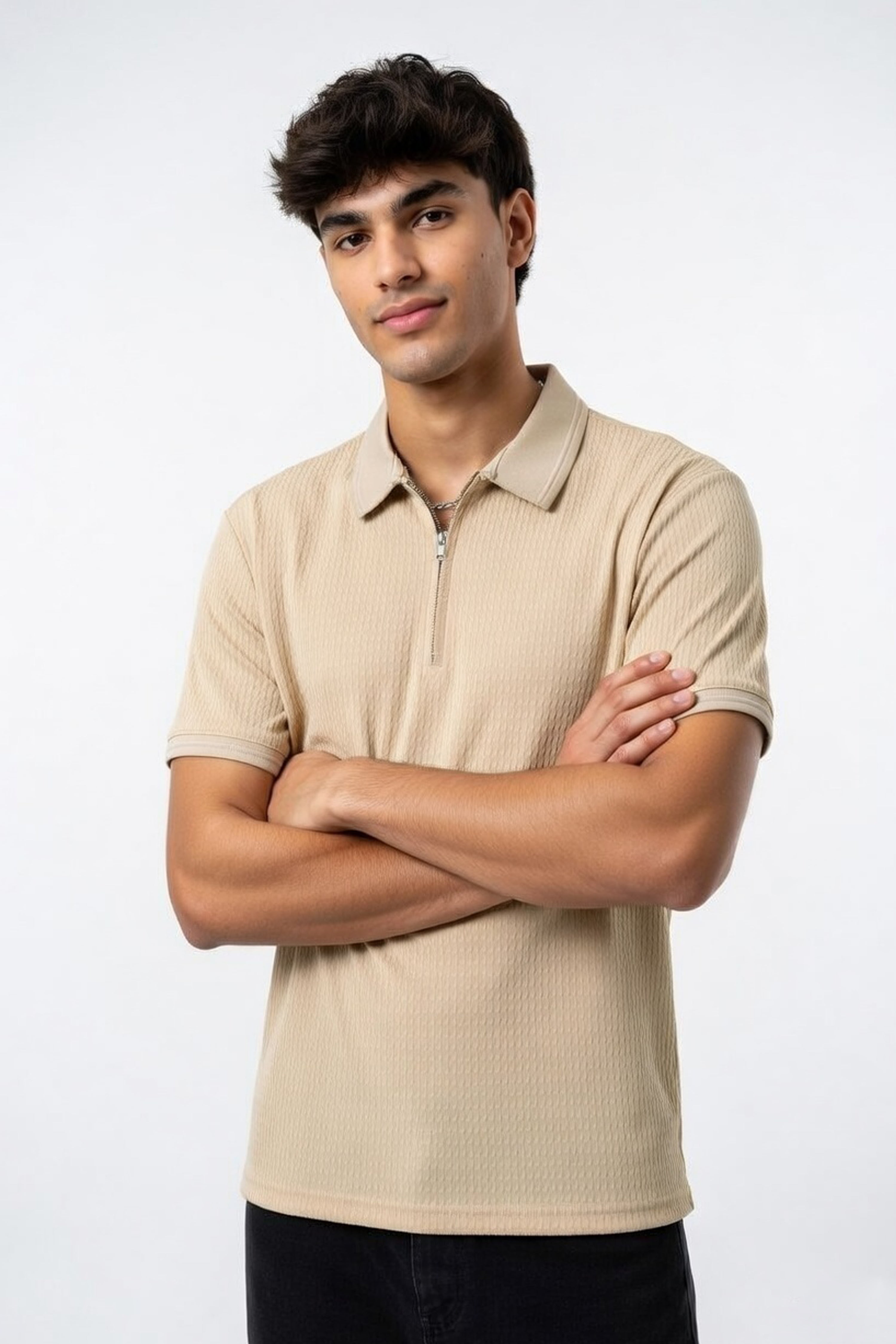 Textured Quarter-Zip Polo in Sand Beige