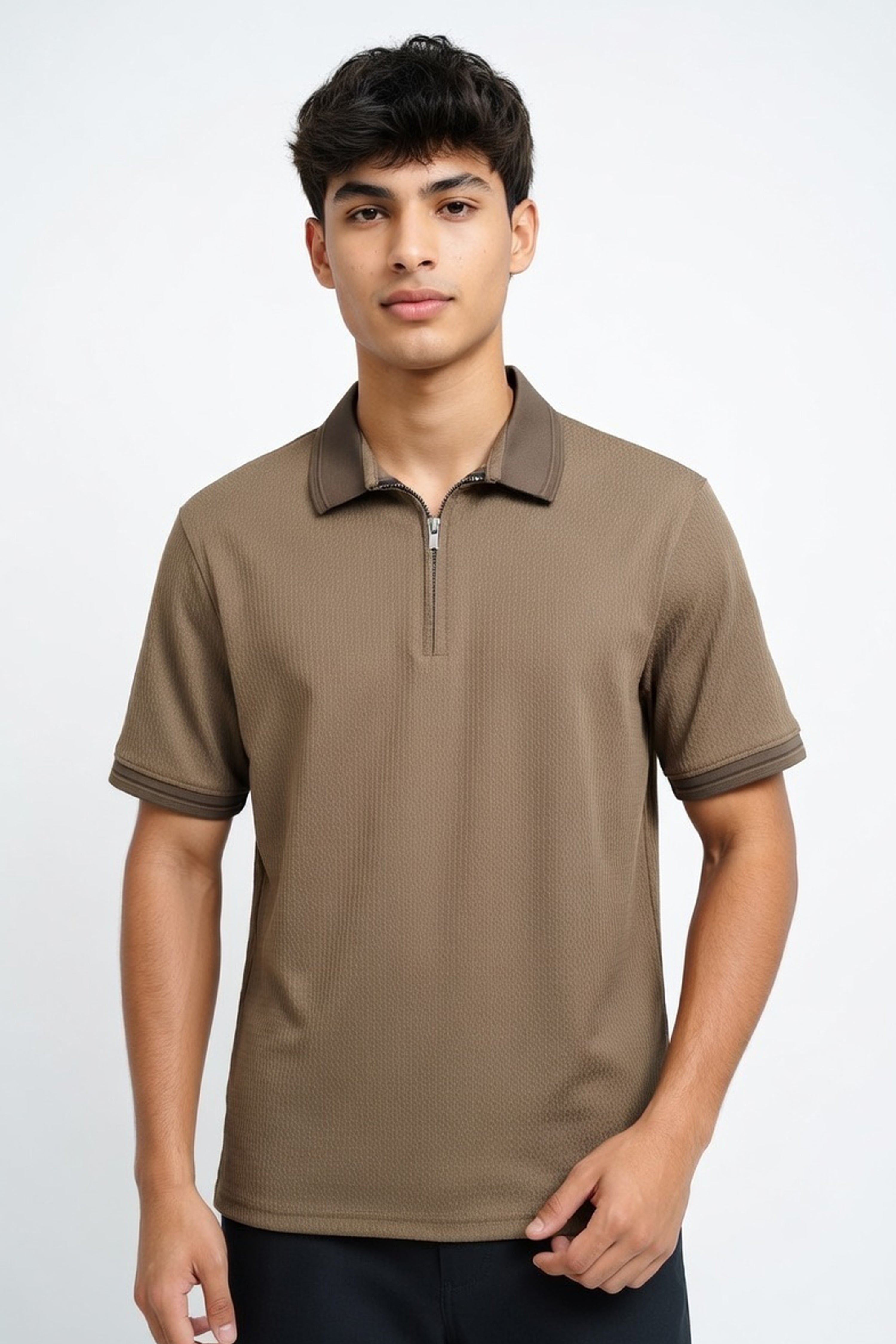 Modern Earth-Tone Knit Polo with Silver-Tone Zip