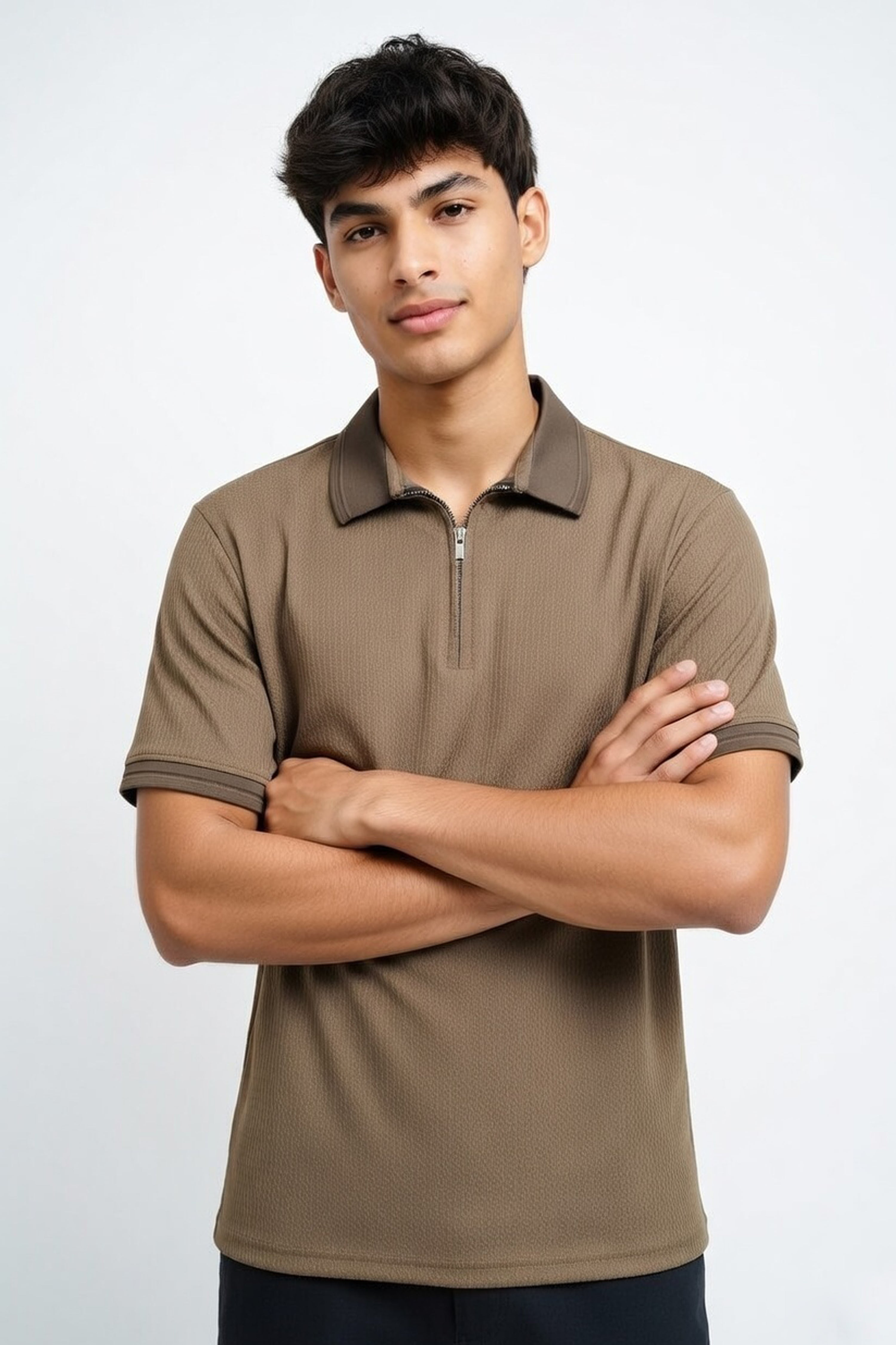 Modern Earth-Tone Knit Polo with Silver-Tone Zip