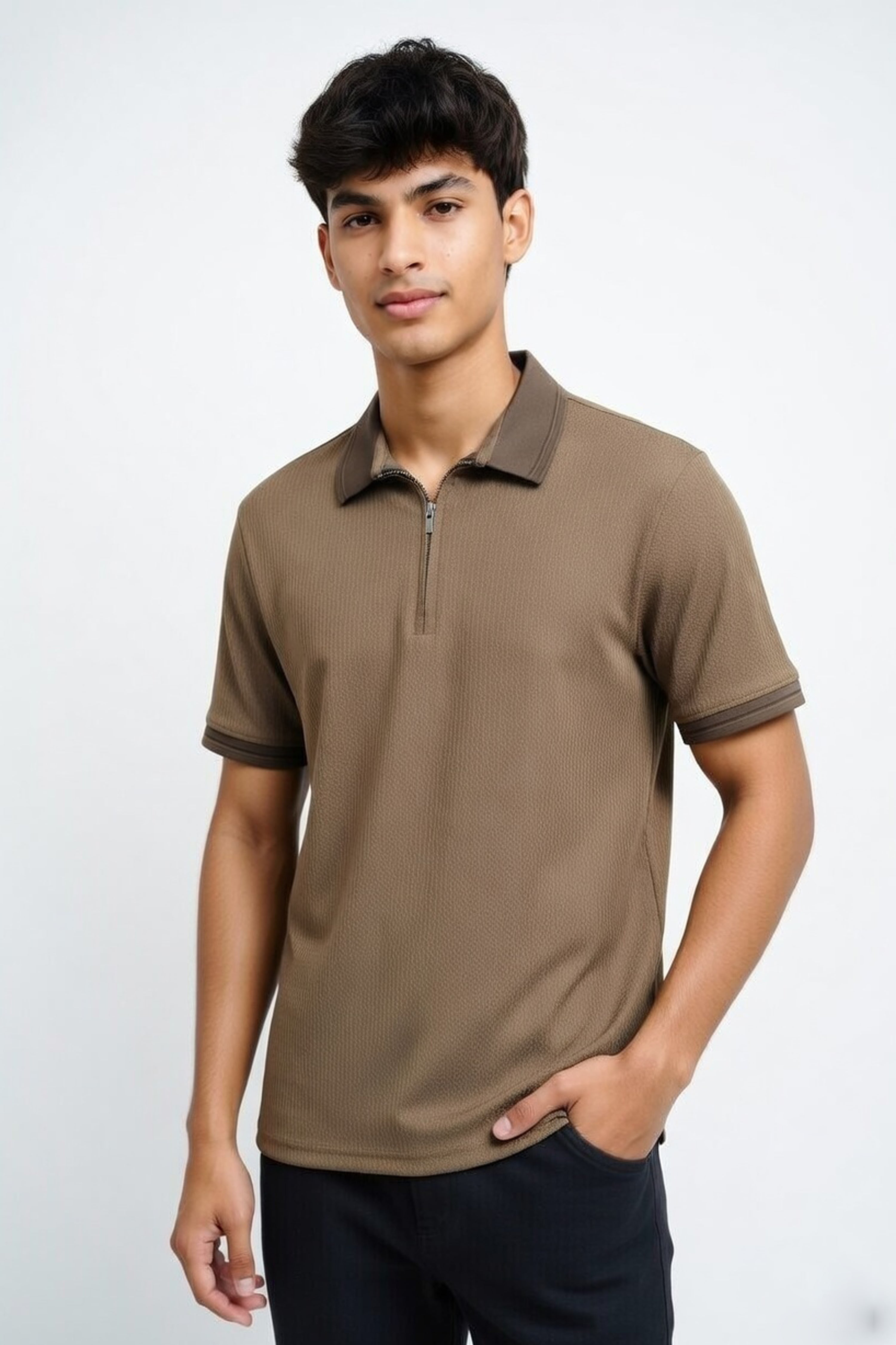 Modern Earth-Tone Knit Polo with Silver-Tone Zip