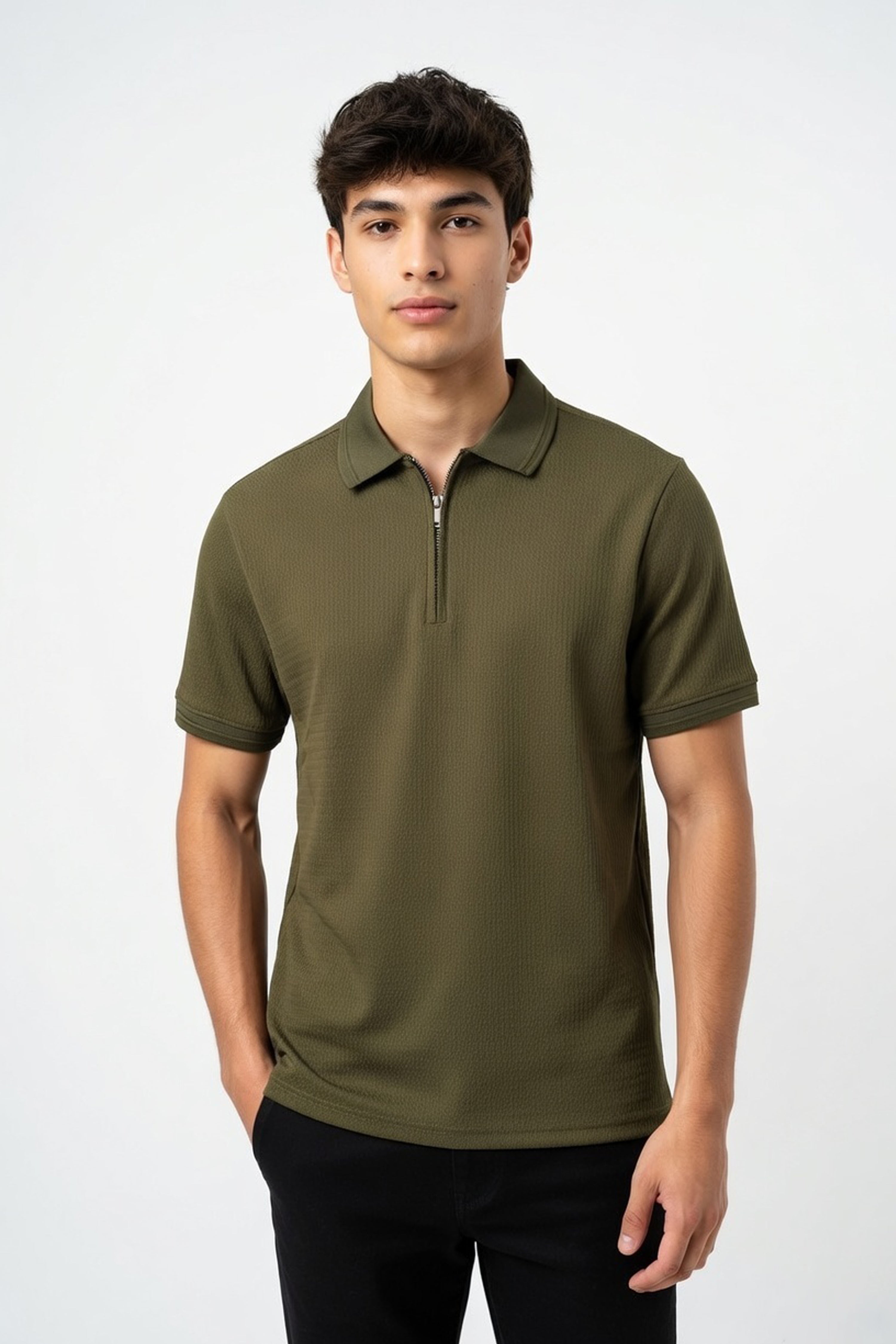 Olive Ribbed Quarter-Zip Polo with Ivory Tipping