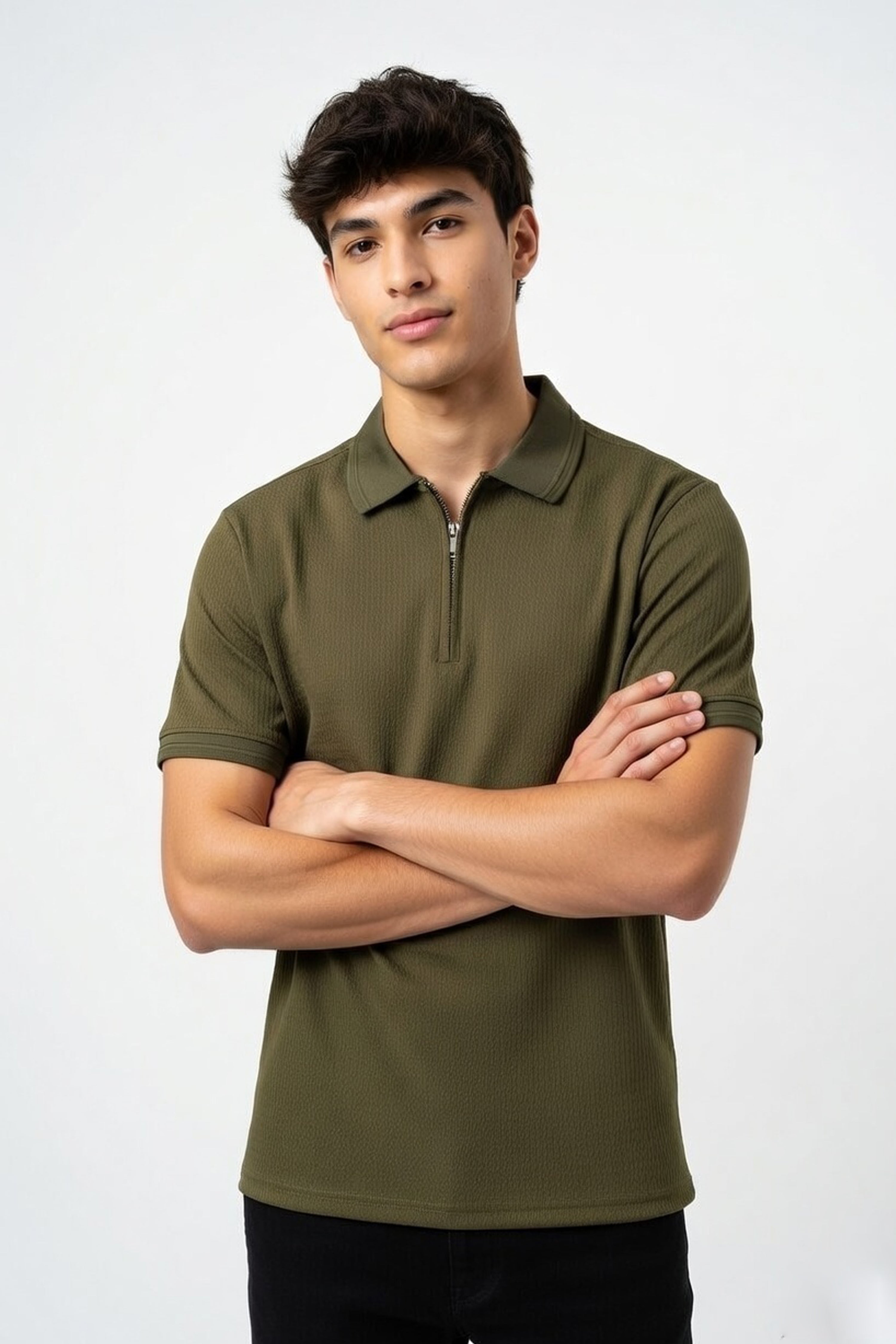 Olive Ribbed Quarter-Zip Polo with Ivory Tipping