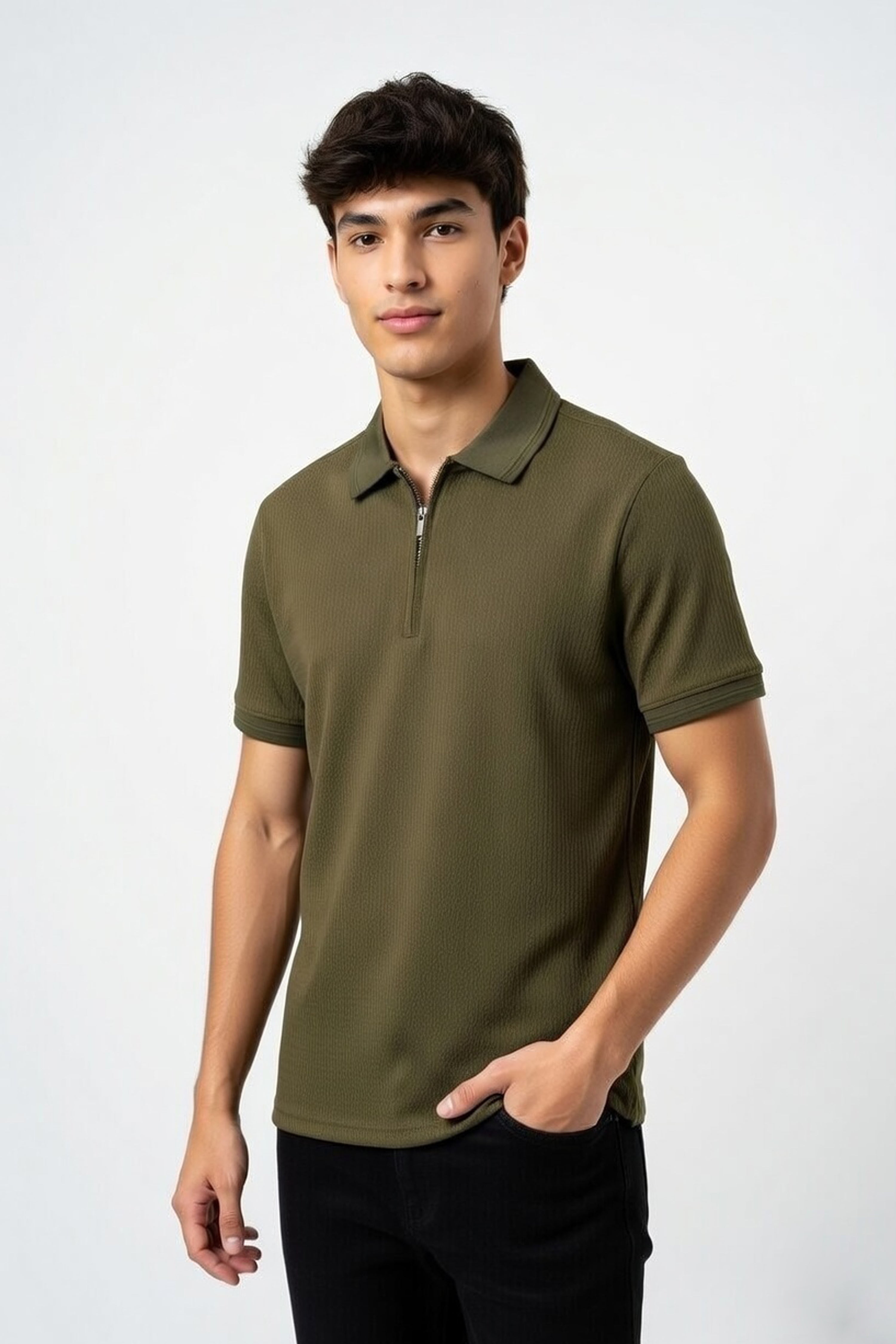 Olive Ribbed Quarter-Zip Polo with Ivory Tipping