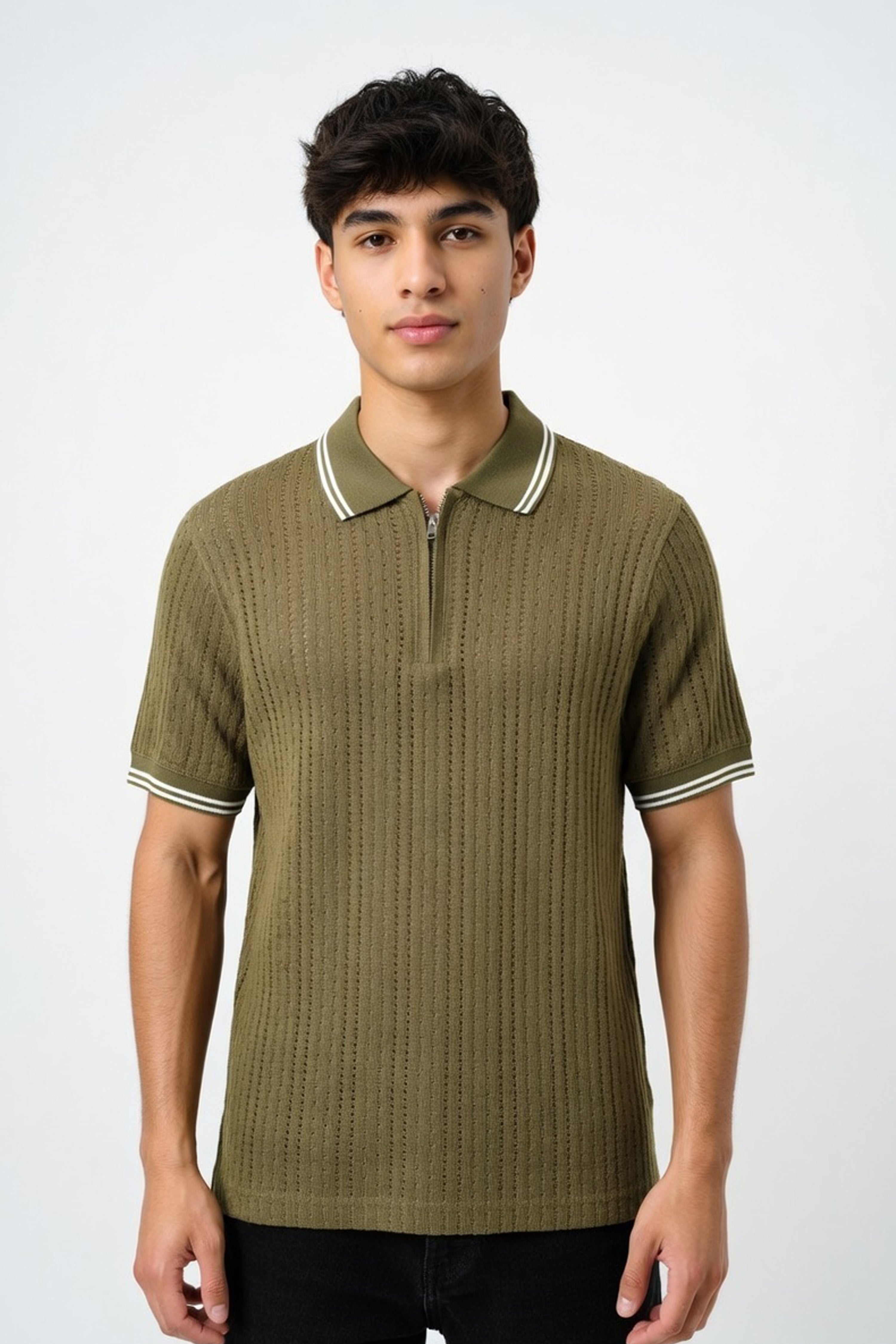 The Olive Ribbed Quarter-Zip Polo