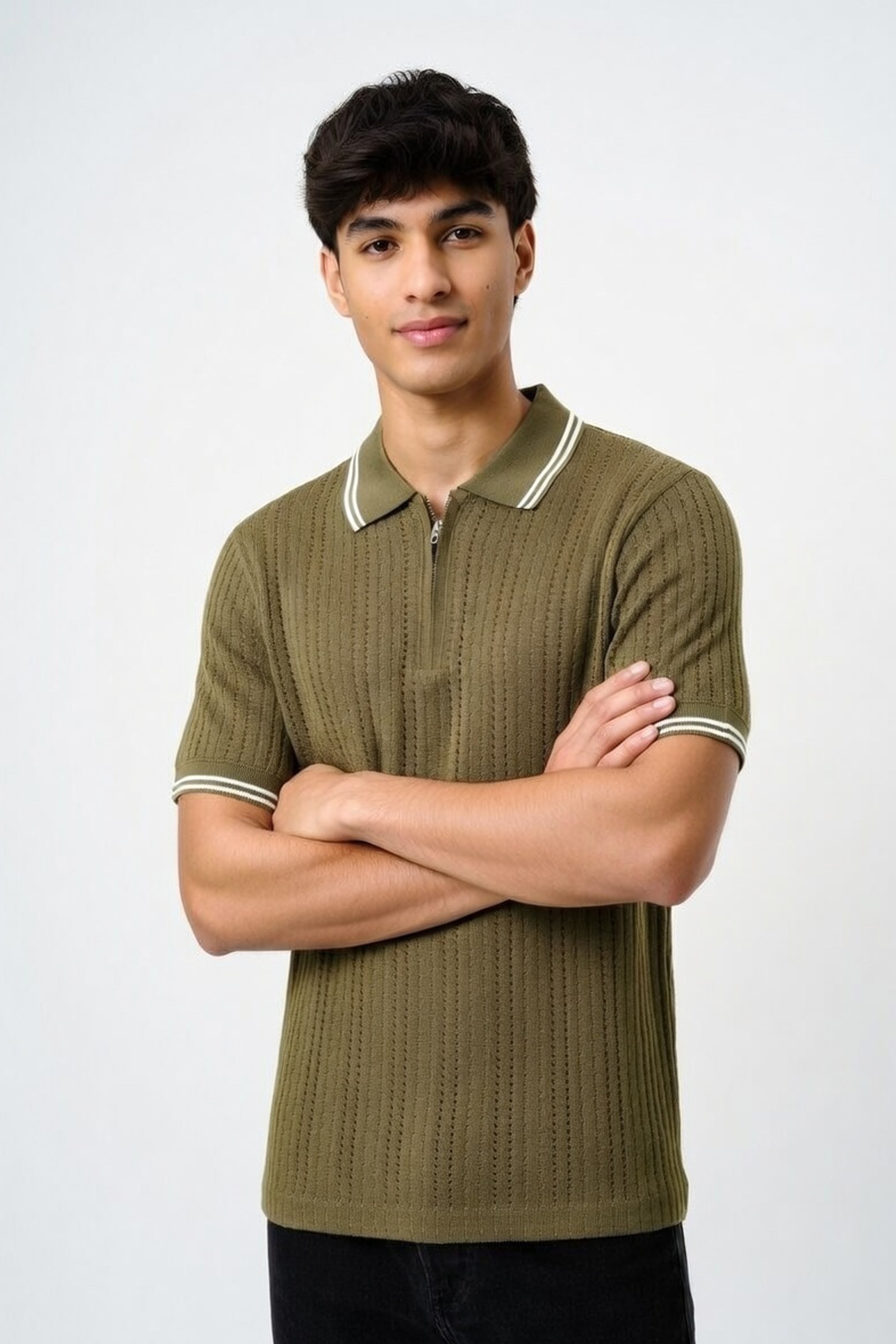 The Olive Ribbed Quarter-Zip Polo