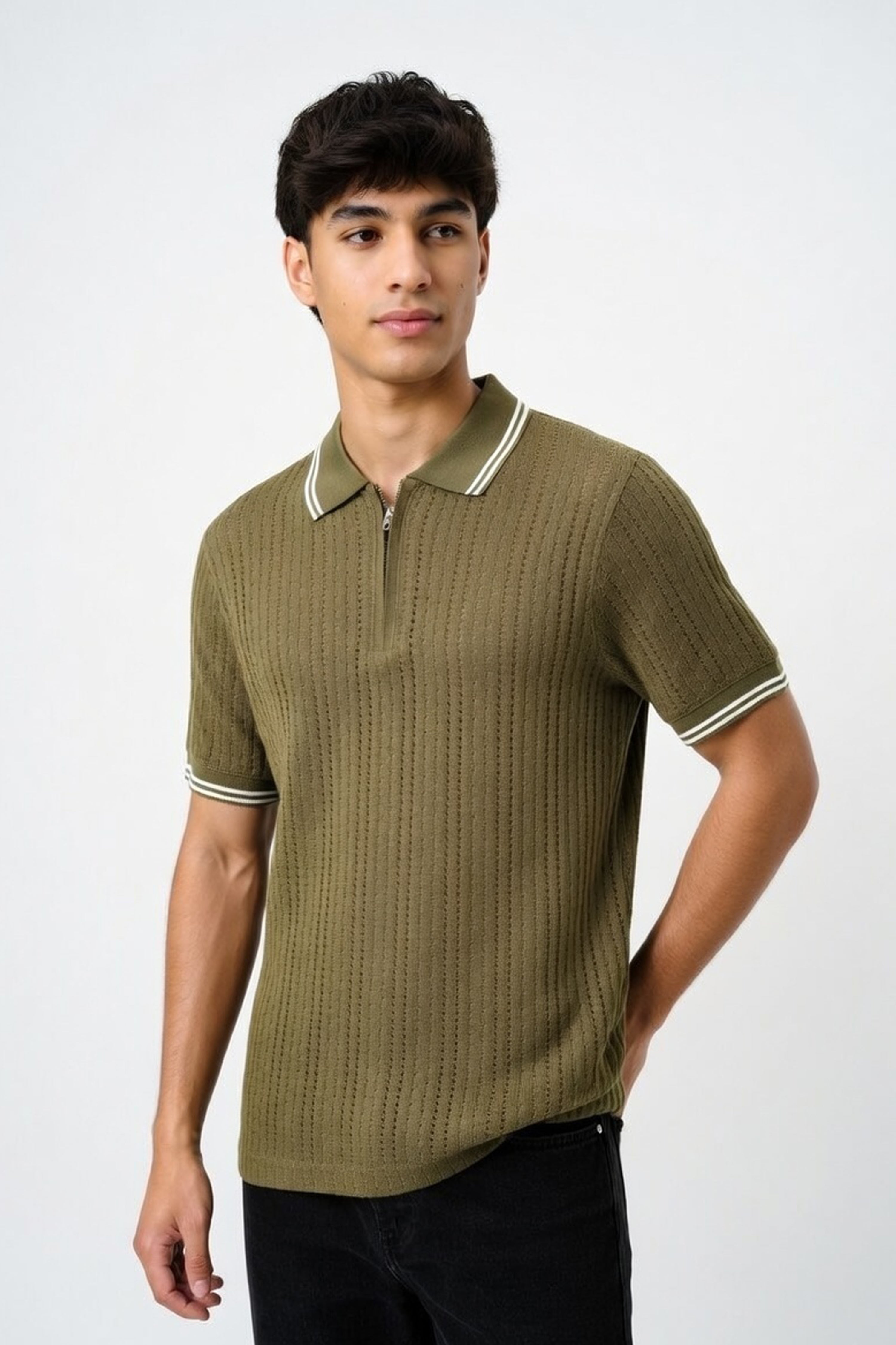 The Olive Ribbed Quarter-Zip Polo