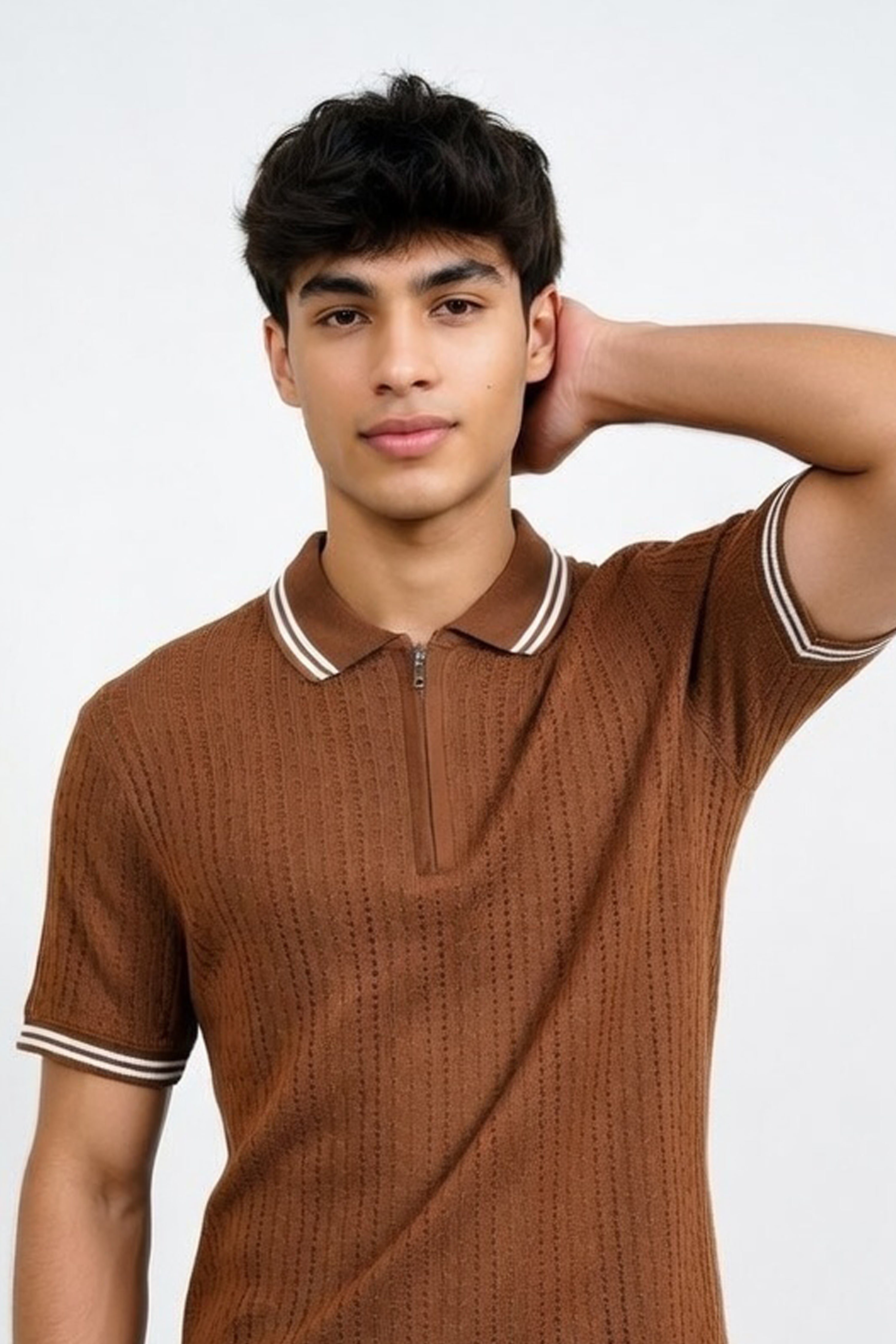 Textured Short Sleeve Knit Polo in Brown