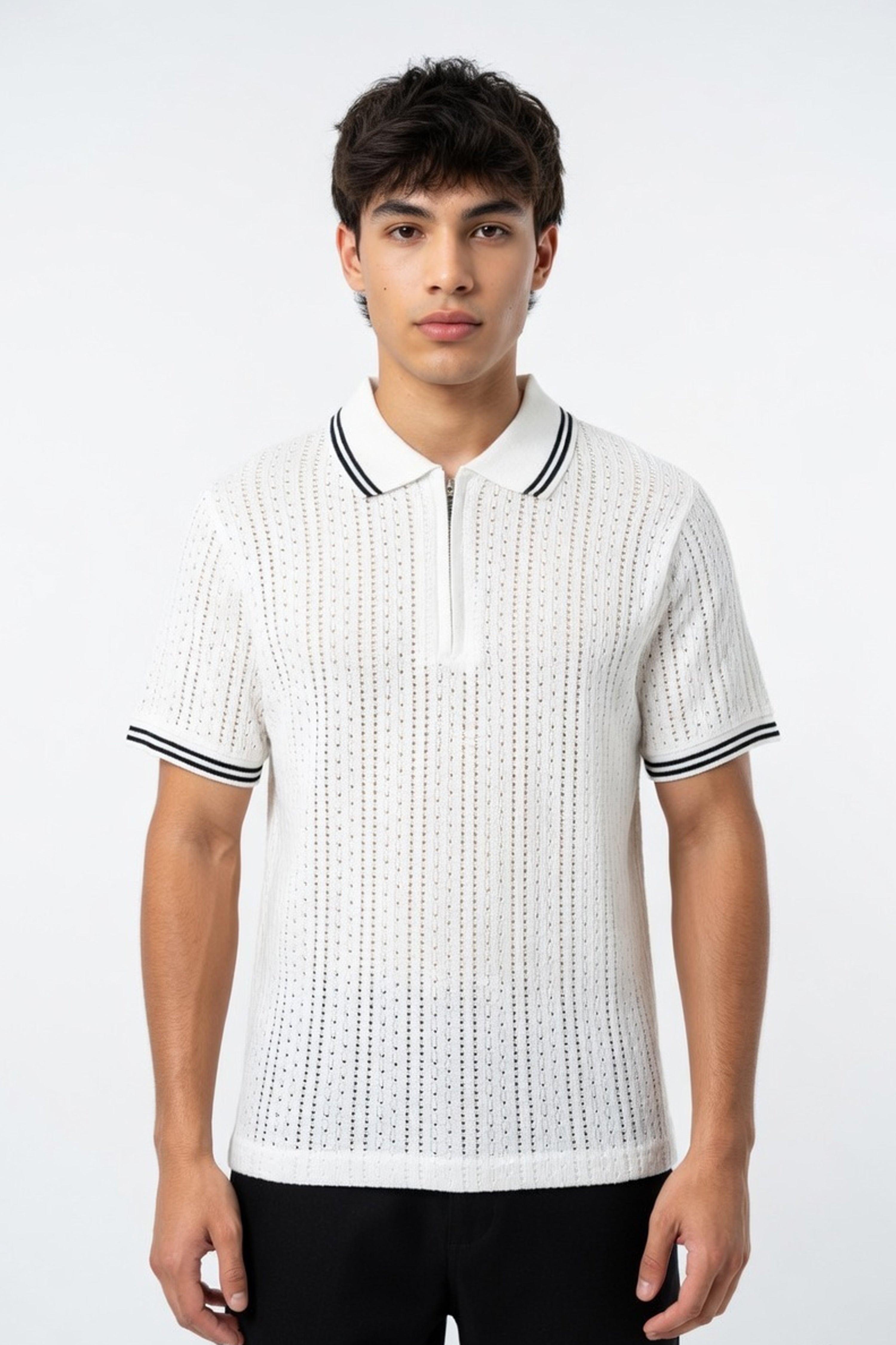 White Textured Knit Polo with Contrast Tipping