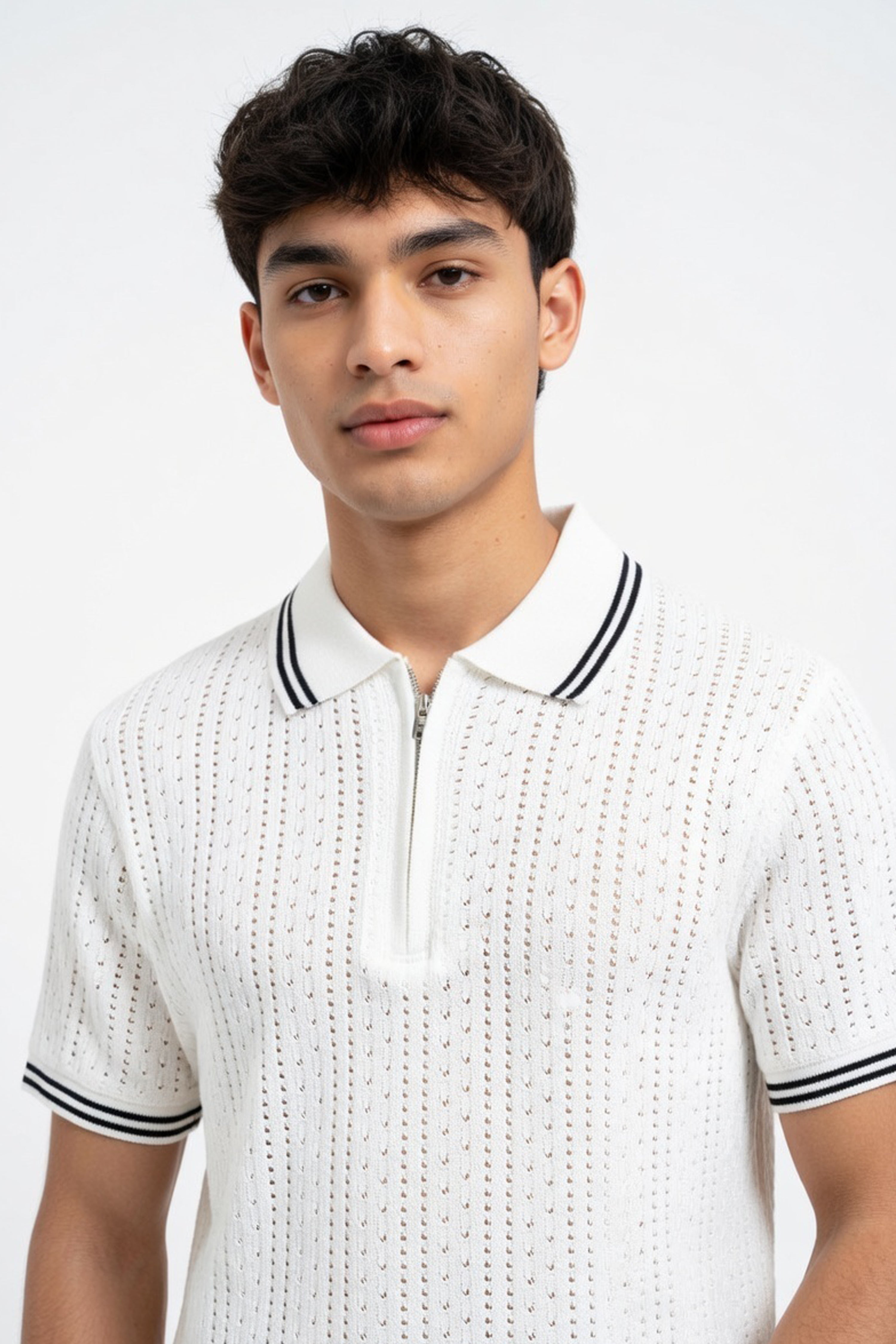 White Textured Knit Polo with Contrast Tipping