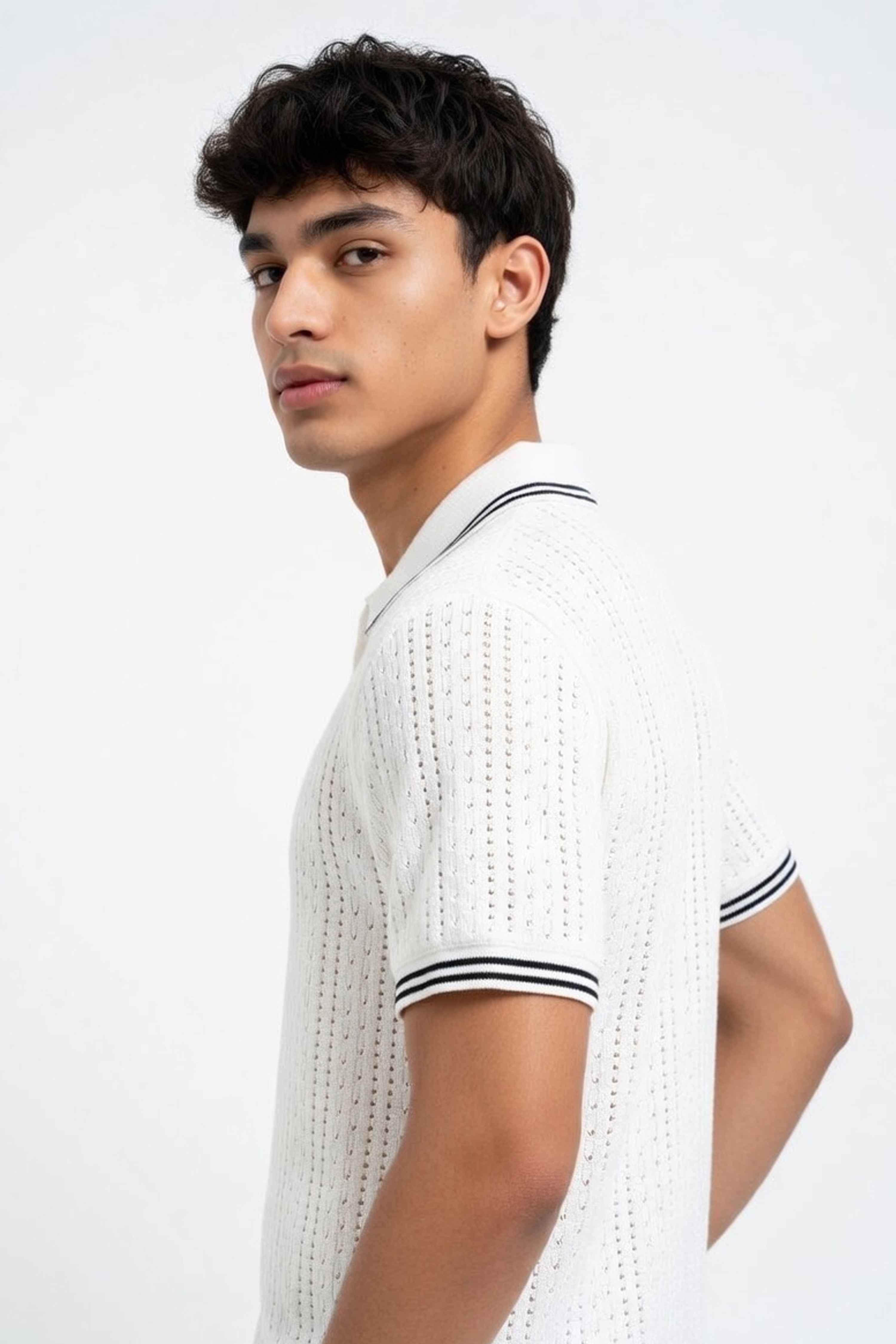 White Textured Knit Polo with Contrast Tipping